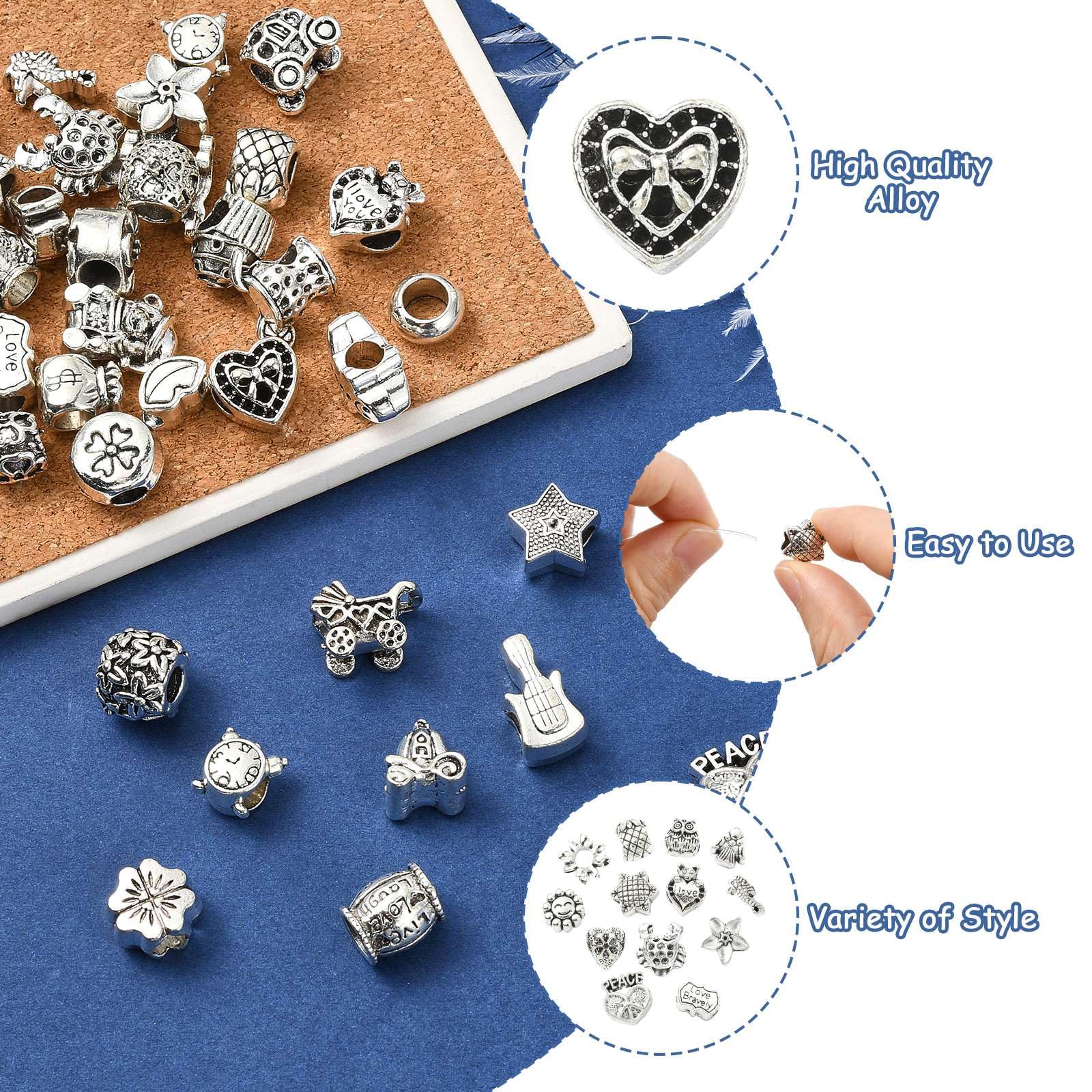 Stiesy 40 Pcs Assorted Tibetan Style Beads Antique Silver Alloy Large Hole Beads with 5.5mm Holes for DIY Charm Bracelet Jewelry Crafting - Image 3