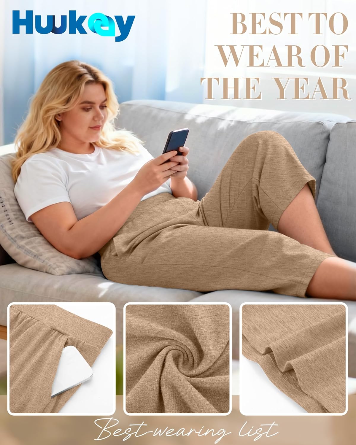 Huukeay 3 Pack Women's Plus Size Capri Pants Loose Fit Wide Leg Capris Sweatpants Summer High Waisted Yoga Pants with Pockets - Image 4