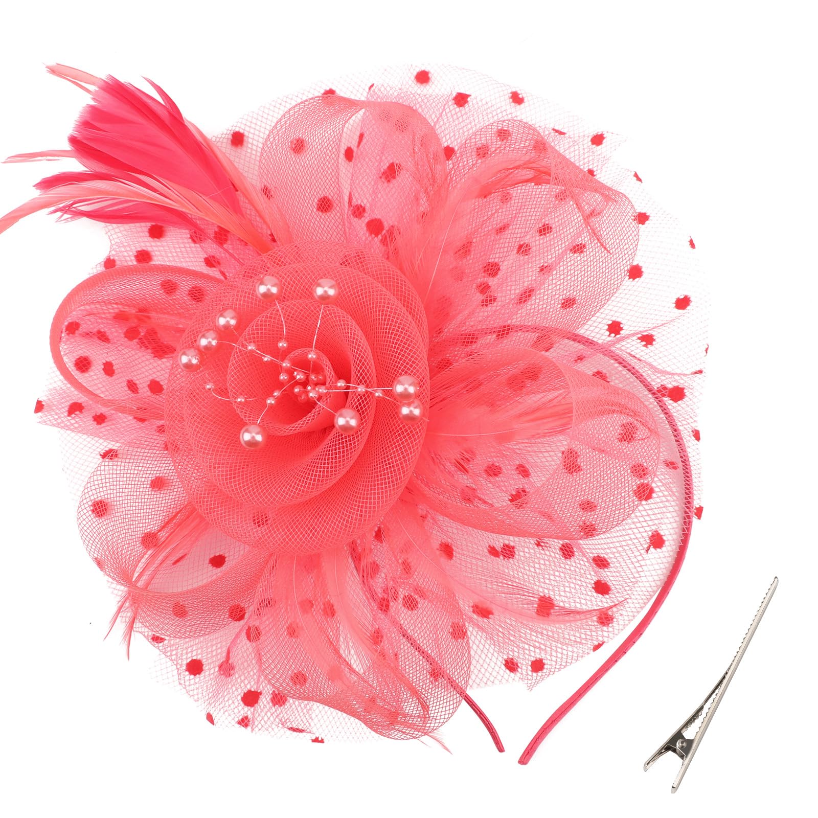 DRESHOW Fascinators Hat Flower Mesh Ribbons Feathers on a Headband and a Clip Tea Party Headwear for Girls and Women