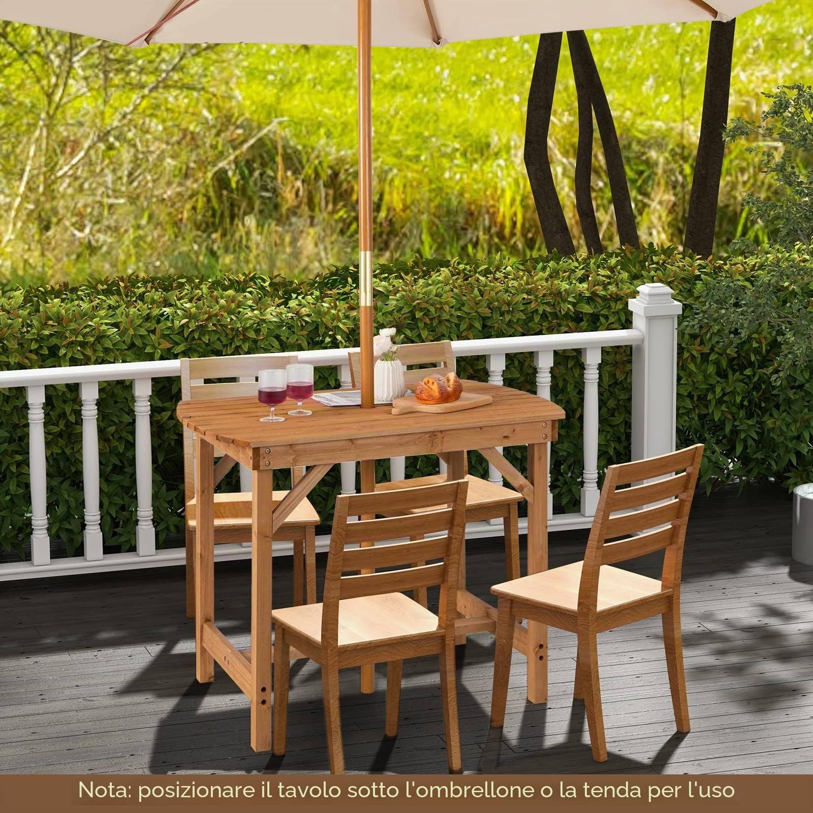 KOMFOTTEU Tavolo da Giardino in Legno di Abete, Tavolo da Pranzo con Foro per Ombrellone, Tavolo Ausiliare con Portata di 180 kg, Tavolo da Salotto per 4-6 Persone, 100 x 60 x 75 cm, Naturale