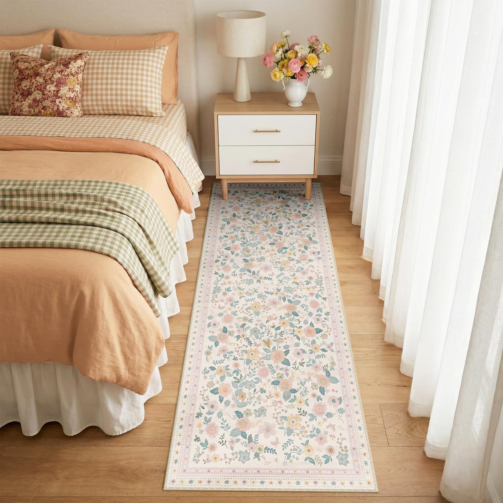 INOVADAY Washable Rug Floral Print 60x180 cm Light Beige Hallway Runner Rug
