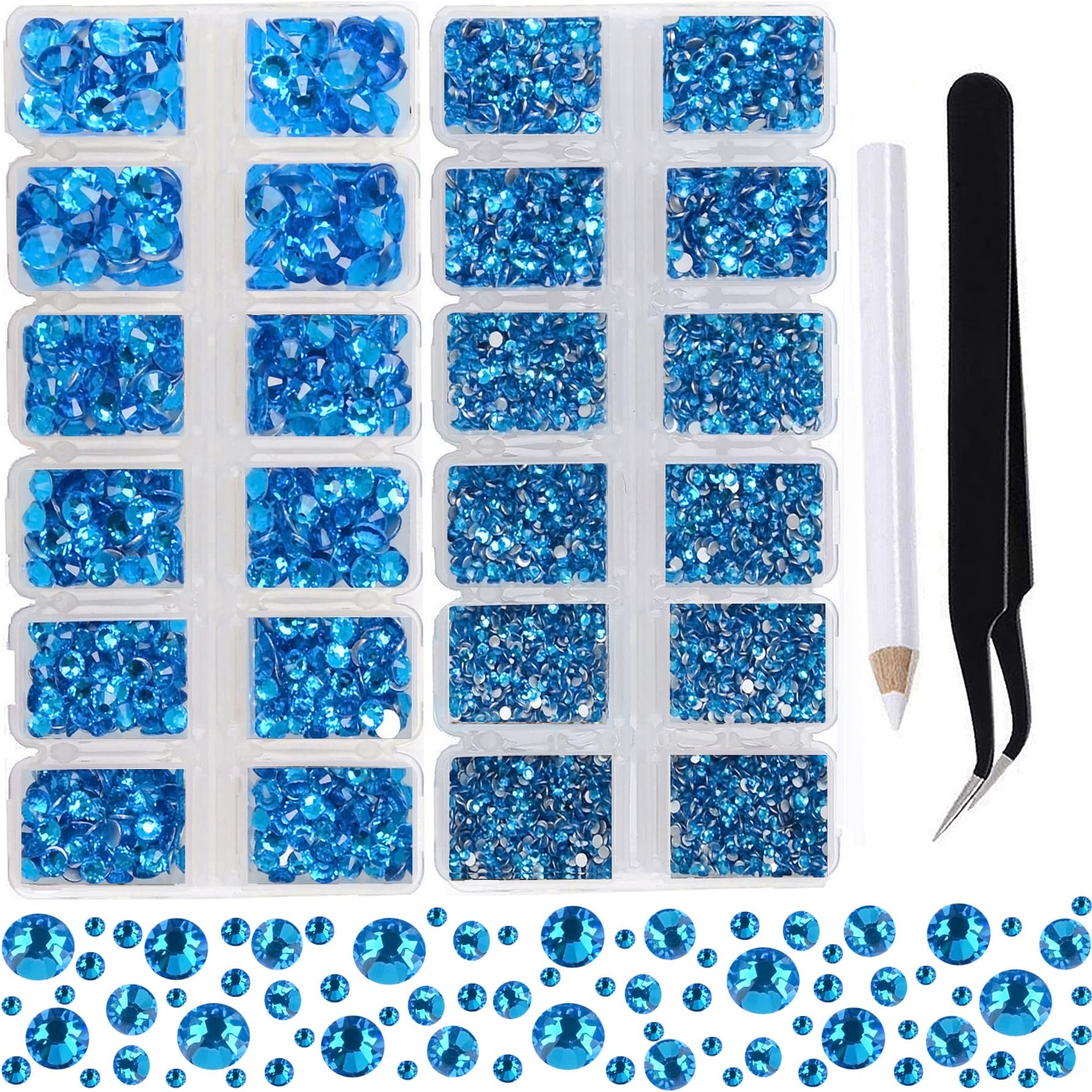 2-Box Massive Beads 8000pcs 6Sizes Nail Art Flatback Glasses Rhinestones Crystal for DIY Project with Tweezers and Picking Pen for Bags, Shoes, Clothes and Manicure (Capri Blue, 6 Sizes)