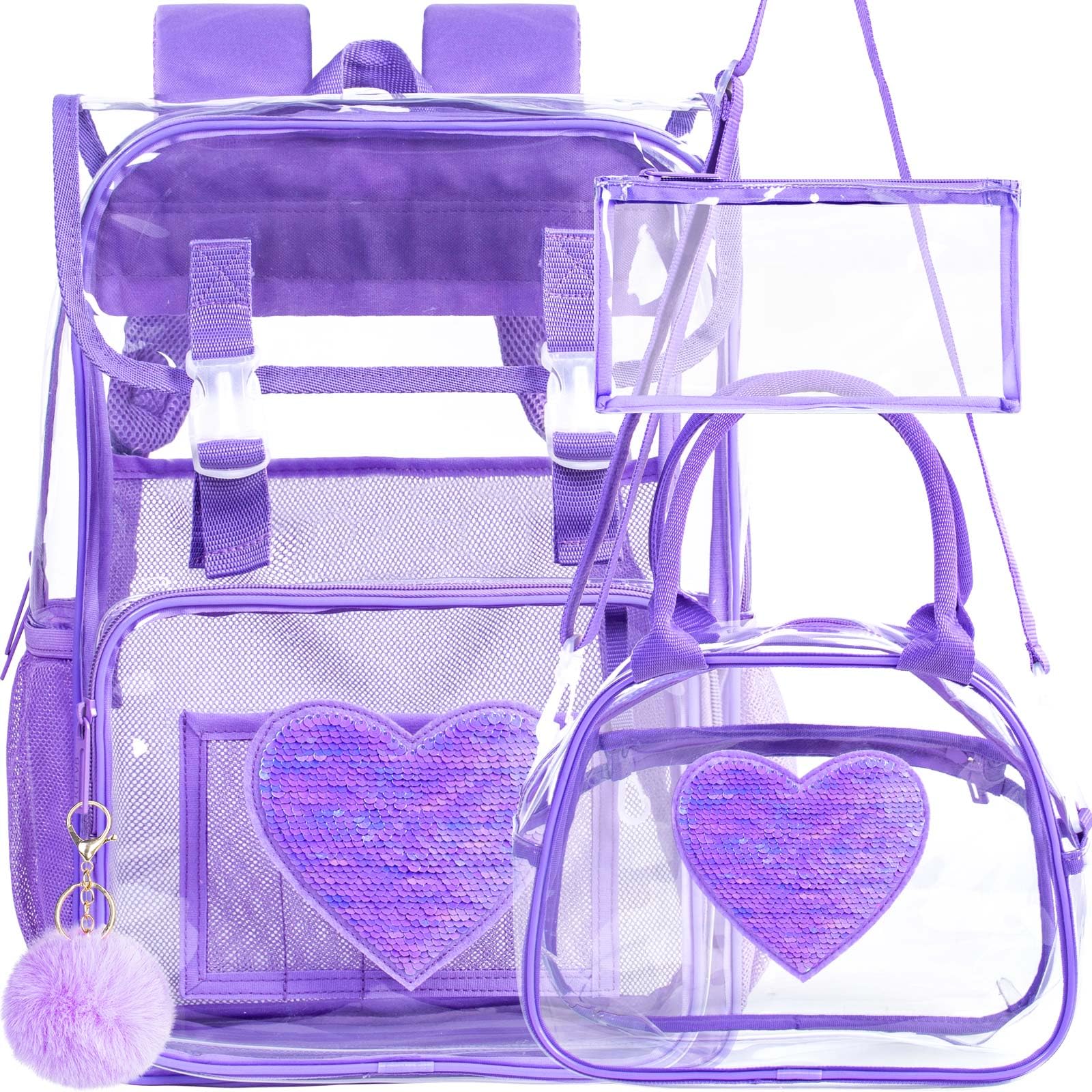 ZLYERT 17" Sequin Clear Backpack for Girls - 3Pcs Sparkle Flip Design Stadium Approved Set, Waterproof Campus/School Transparent Bookbag (Purple)
