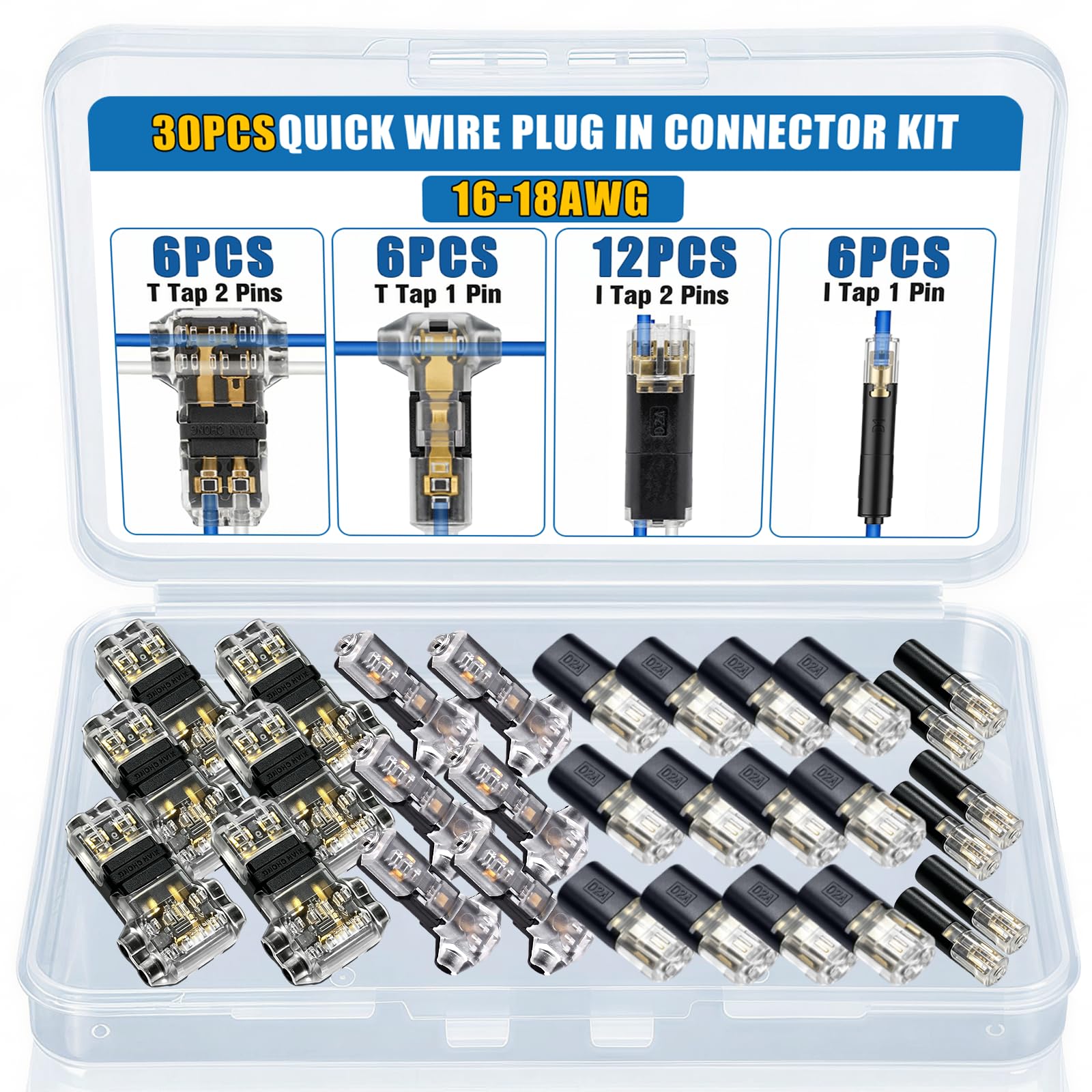 Kit de connecteur de fil 16-18 AWG, connecteur de fil en T sans soudure | Connecteur double fil rapide basse tension pour bande lumineuse LED, bricolage et réparation