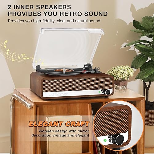 Miniatura 2 de Tocadiscos de vinilo con altavoces, tocadiscos de 3 velocidades con Bluetooth, auxiliar, conector para auriculares, salida RCA y parada automática,