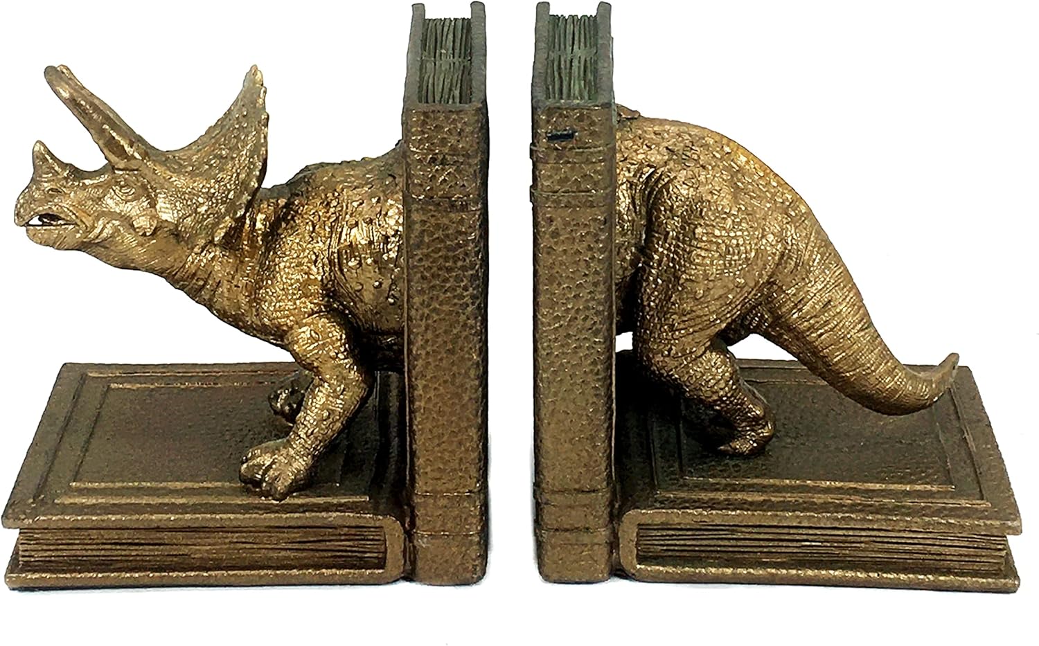 Bellaa 24223 Decorative Bookends Dinosaur Triceratops Animal Sculptures Torosaurus Dragon Figurine Heavy Nonskid Stoppers Bookshelf Holder Shelves Rack Dividers Support Library Office Vintage