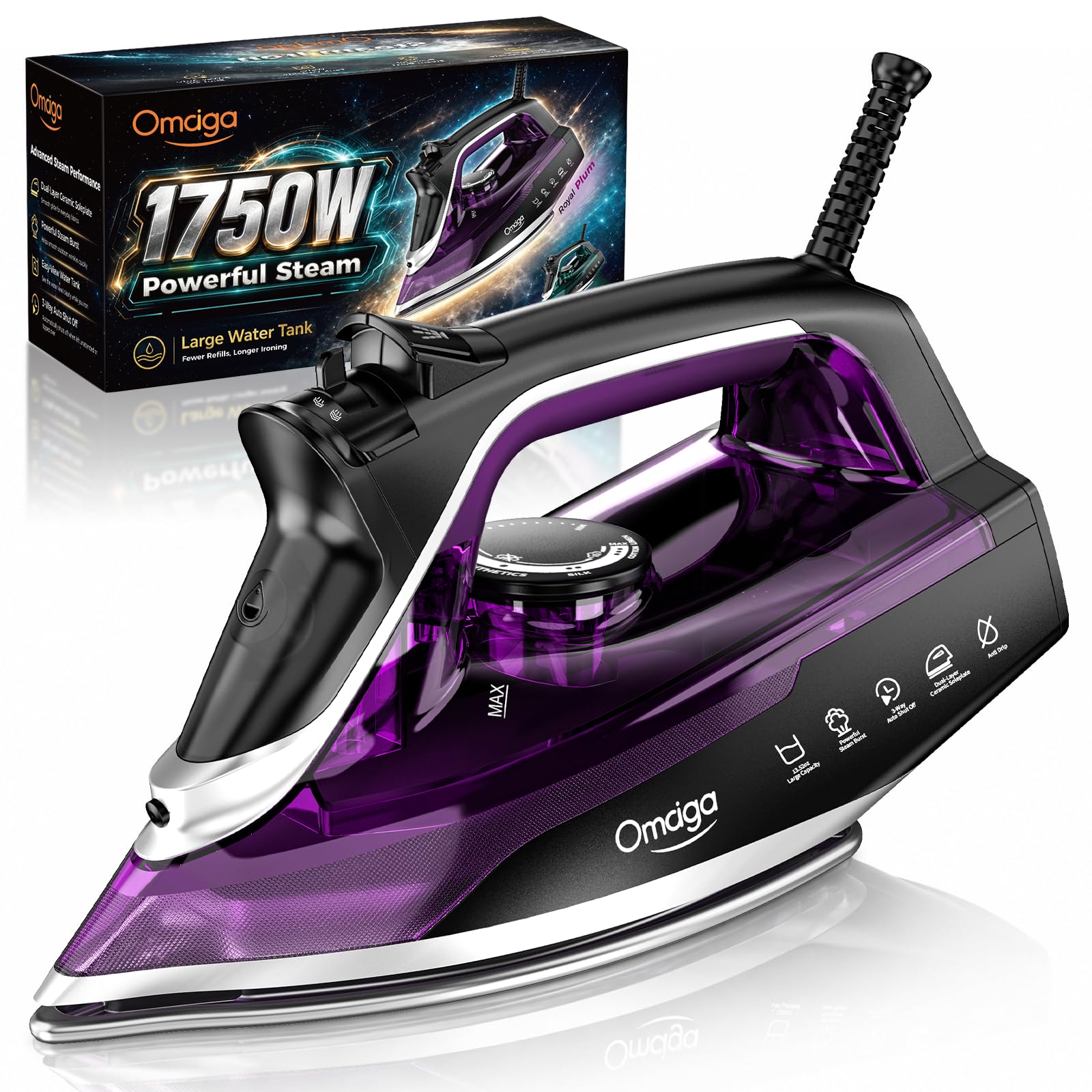 Omaiga 1750W Steam Iron for Clothes, Dual-Ceramic Soleplate, Plum