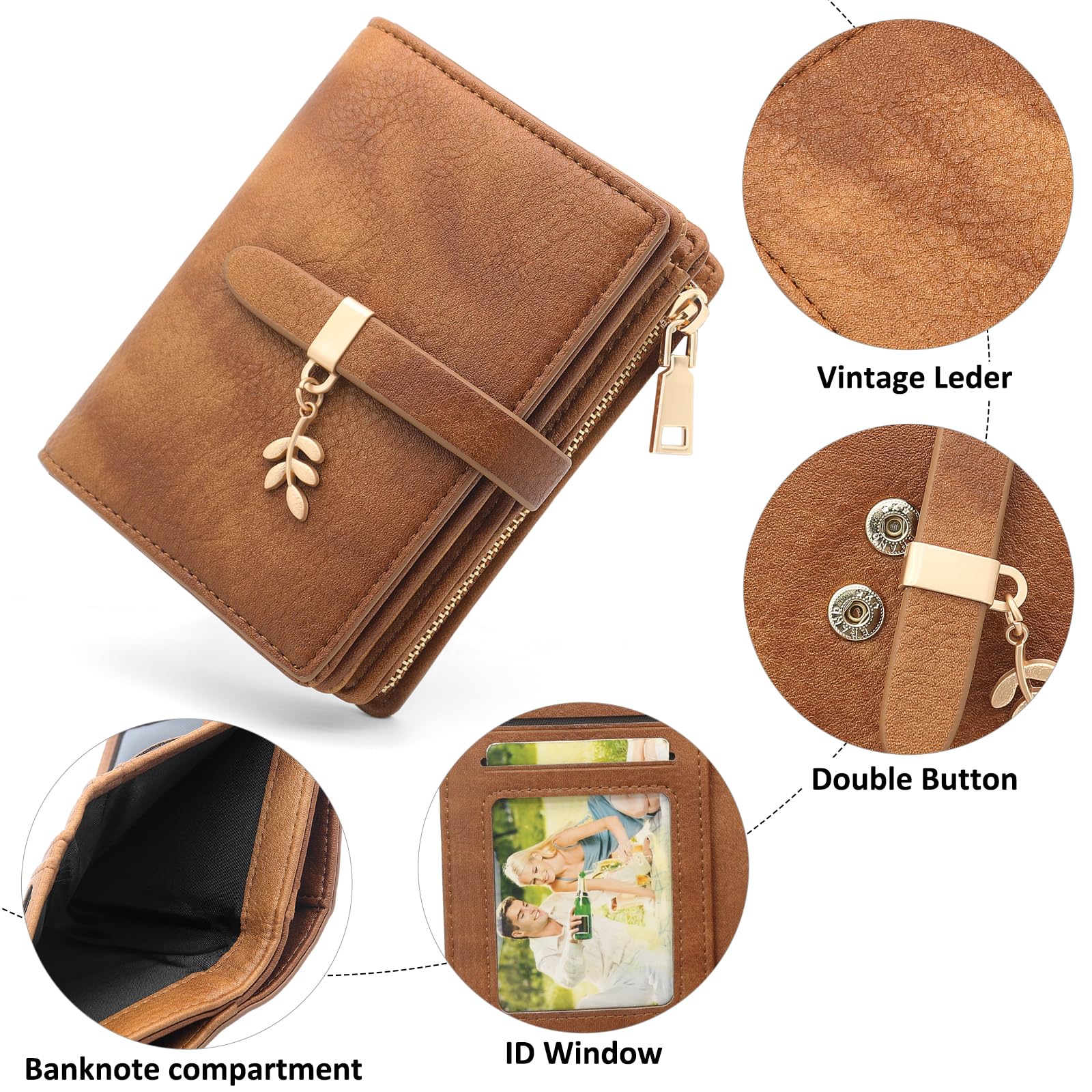 HNOOM Cartera Mujer Cuero PU Monedero Pequeño Formato Corto Billeteras RFID 19 Ranuras Tarjetas Cremallera Marrón