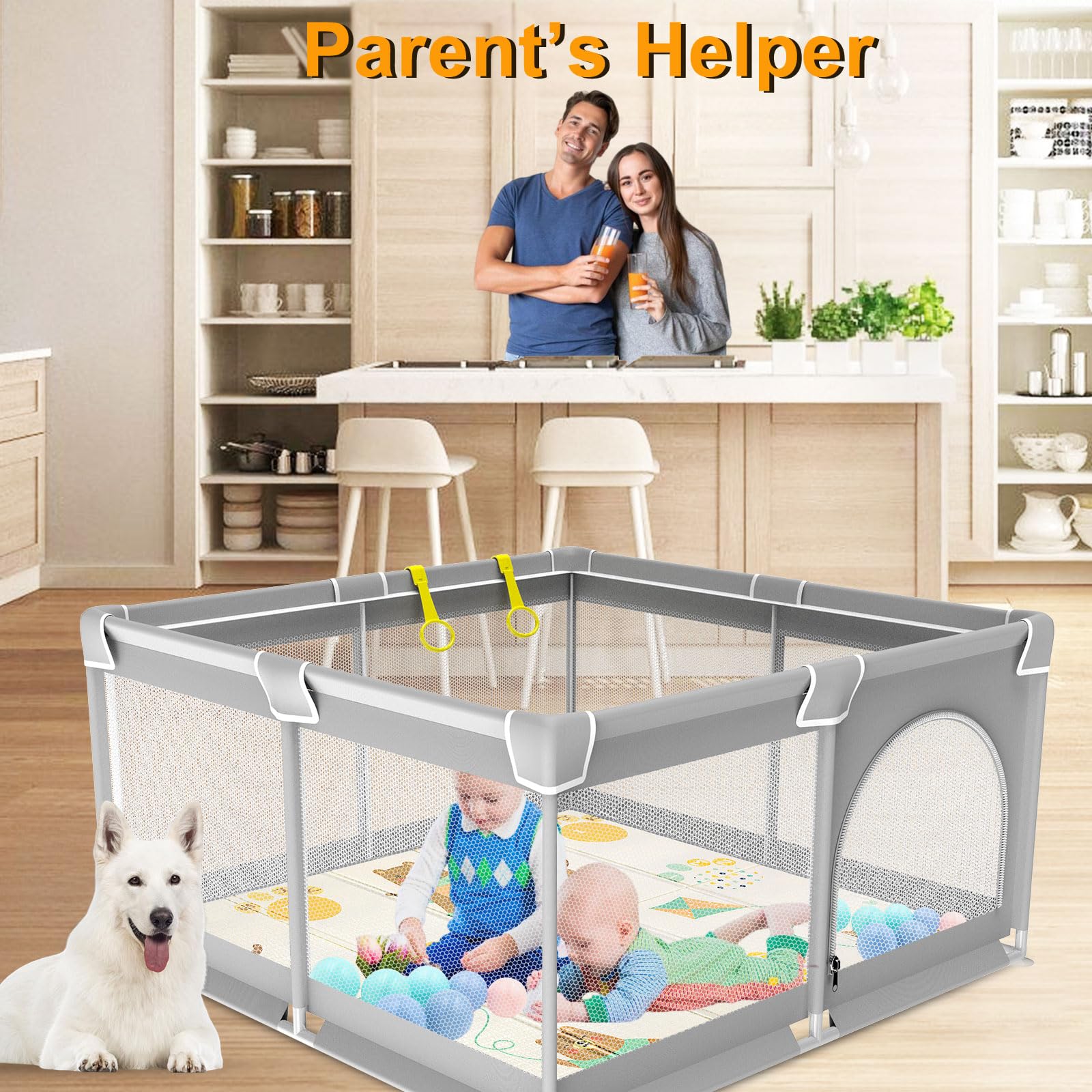 Laufgitter Baby mit Matratze 120x120cm Laufstall,Laufgitter Baby Atmungsaktivem Netz an Vier Seiten,mit 4 Rutschfeste Saugnäpfen Laufstall Faltbar mit Schaum Matte,Reißverschlusstür