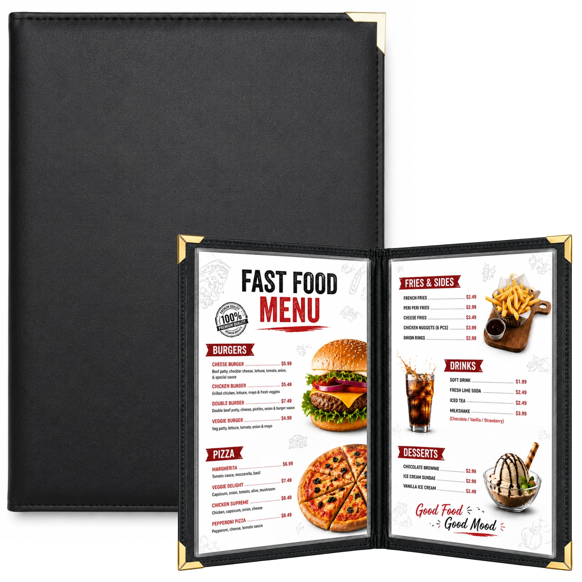 a4 restaurant menu folder | premium faux leather menu cover with 5 transparent sleeves (10 display pages) | hotel, cafe & restaurant menu holder | black