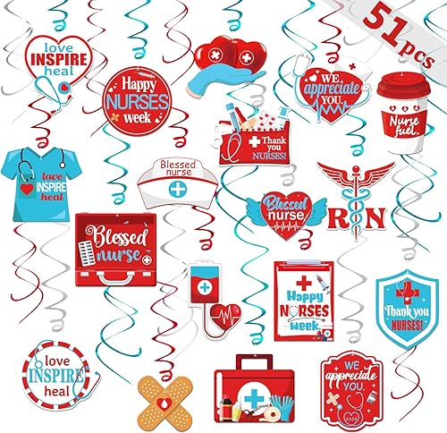 51 piezas de decoraciones de la semana de las enfermeras 2026 remolinos colgantes, regalos de agradecimiento a granel RN suministros de decoración