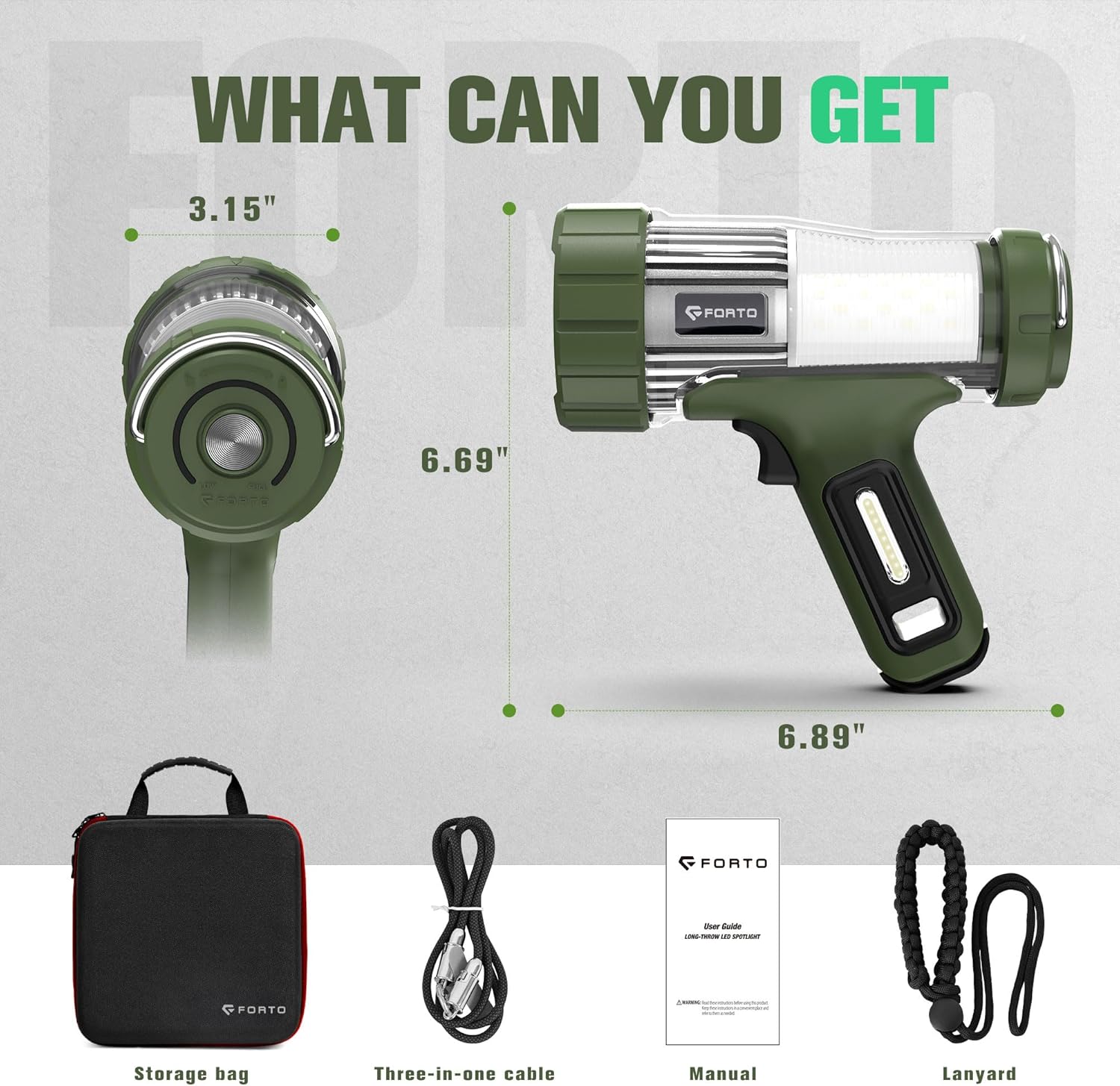 FORTO 3000 Lumens Handheld Spotlight, 1400 Ft Long Range LED Rechargeable Flashlight with 120H Runtime, IPX8 Waterproof Outdoor Searchlight for Camping, Hiking, Boat,Emergency (Green)