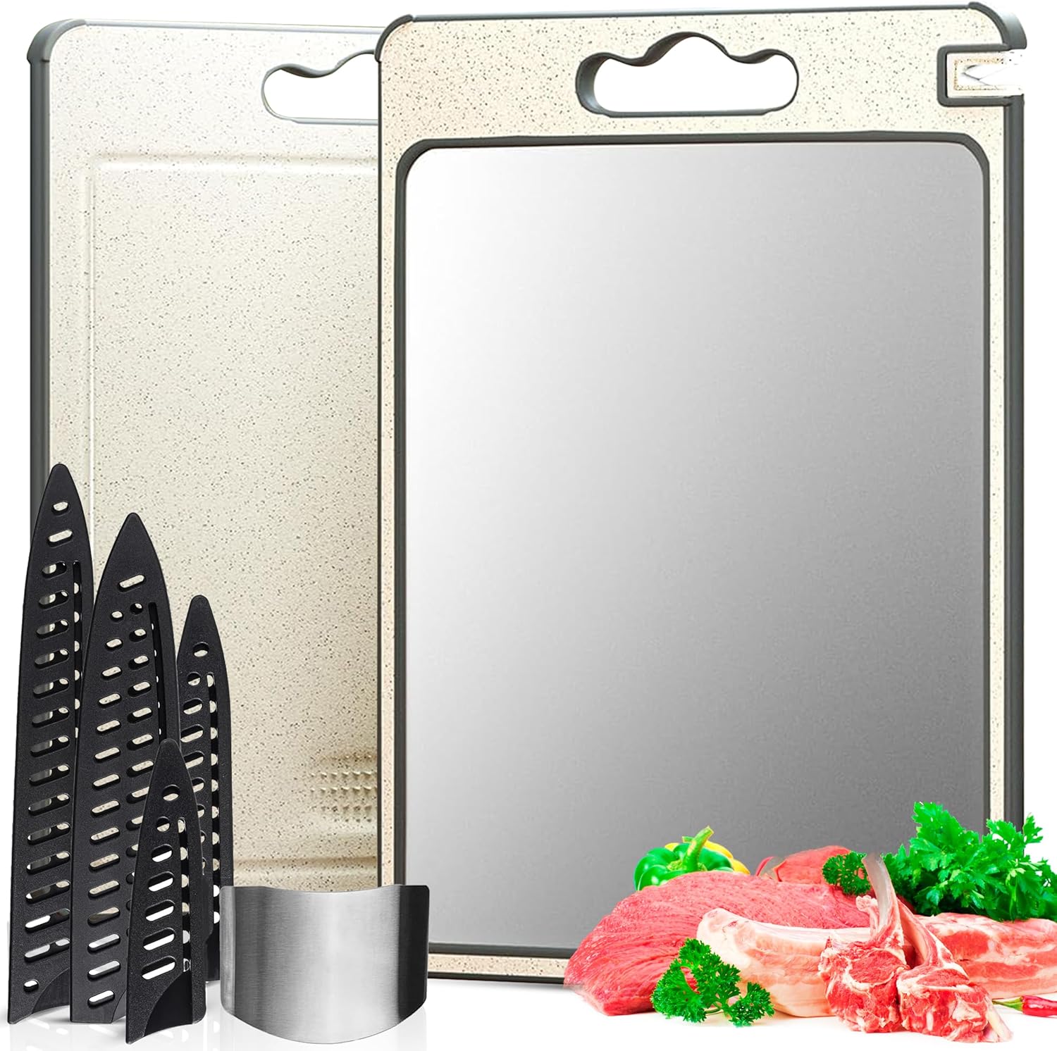 100% Pure Titanium Cutting Board Pro | Non Toxic Chopping Board for Kitchen | Dual Sided, Metal & Wheat Straw Boards with Knife Guards & Sharpener, Finger Guard & Juice Groove