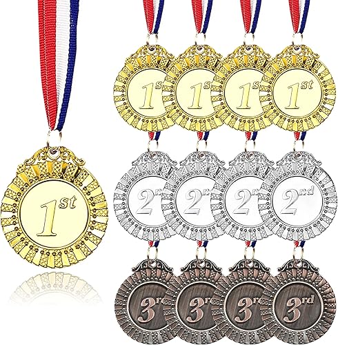 12 medallas de metal ganadoras de oro y bronce con cinta de cuello roja, blanca y azul, estilo olímpico, 2 pulgadas