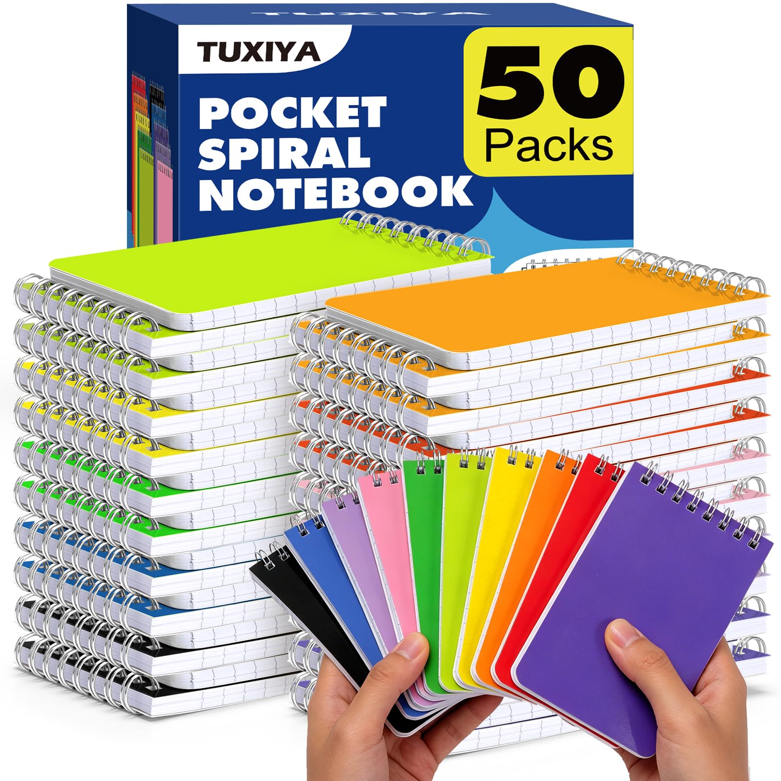 Photo 1 of TUXIYA Pocket Notebook Bulk 3x5 Inch,50 Packs Mini Top Bound Spiral Notepad with Lined Pages,10 Colored 50Sheets/100Pages(80GSM), Small Notepads for Office, Work, College, Home, Travel