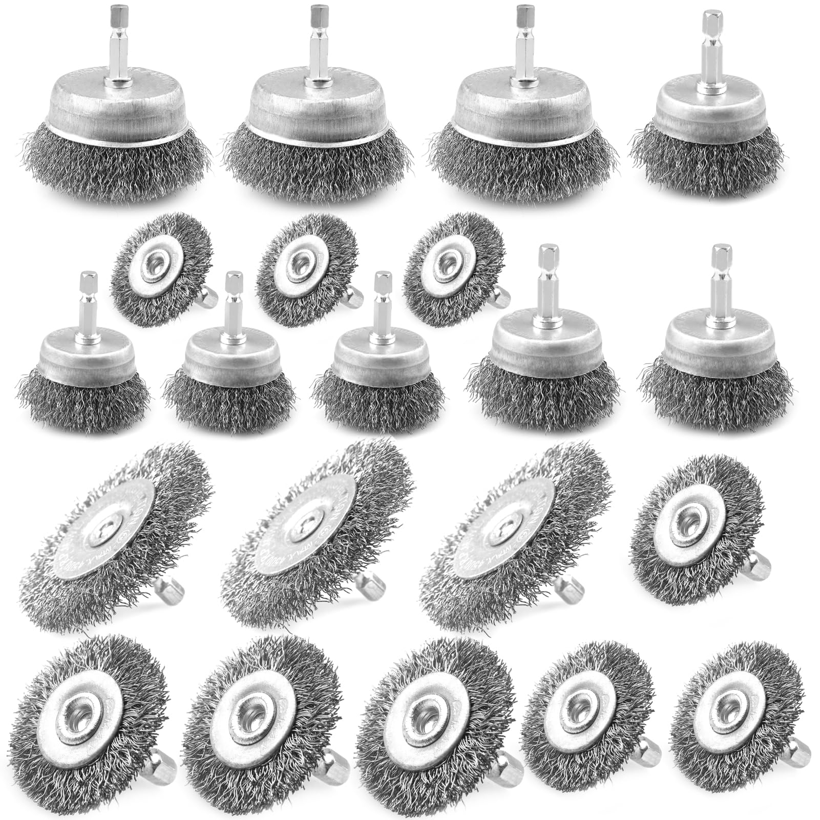 ATOPLEE Drahtbürsten-Set, 21-teilig, Drahtbürste für Bohrer, 1/4 Zoll Sechskantschaft, grober Karbonstahl, gewelltes Drahtrad zum Entfernen von Rost/Korrosion/Farbe