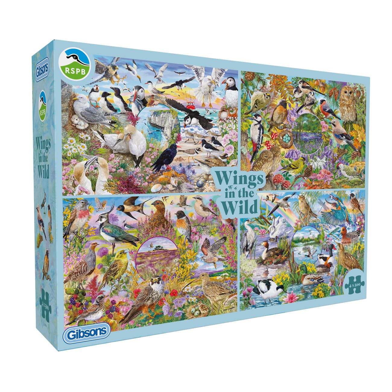 Gibsons RSPB Wings in the Wild 4 x 500 Piece Jigsaw Puzzle Set for Adults – Four Beautiful Bird & Nature Scenes by Janice Daughters – Premium Multi‑Box Puzzle Collection - Great Gift