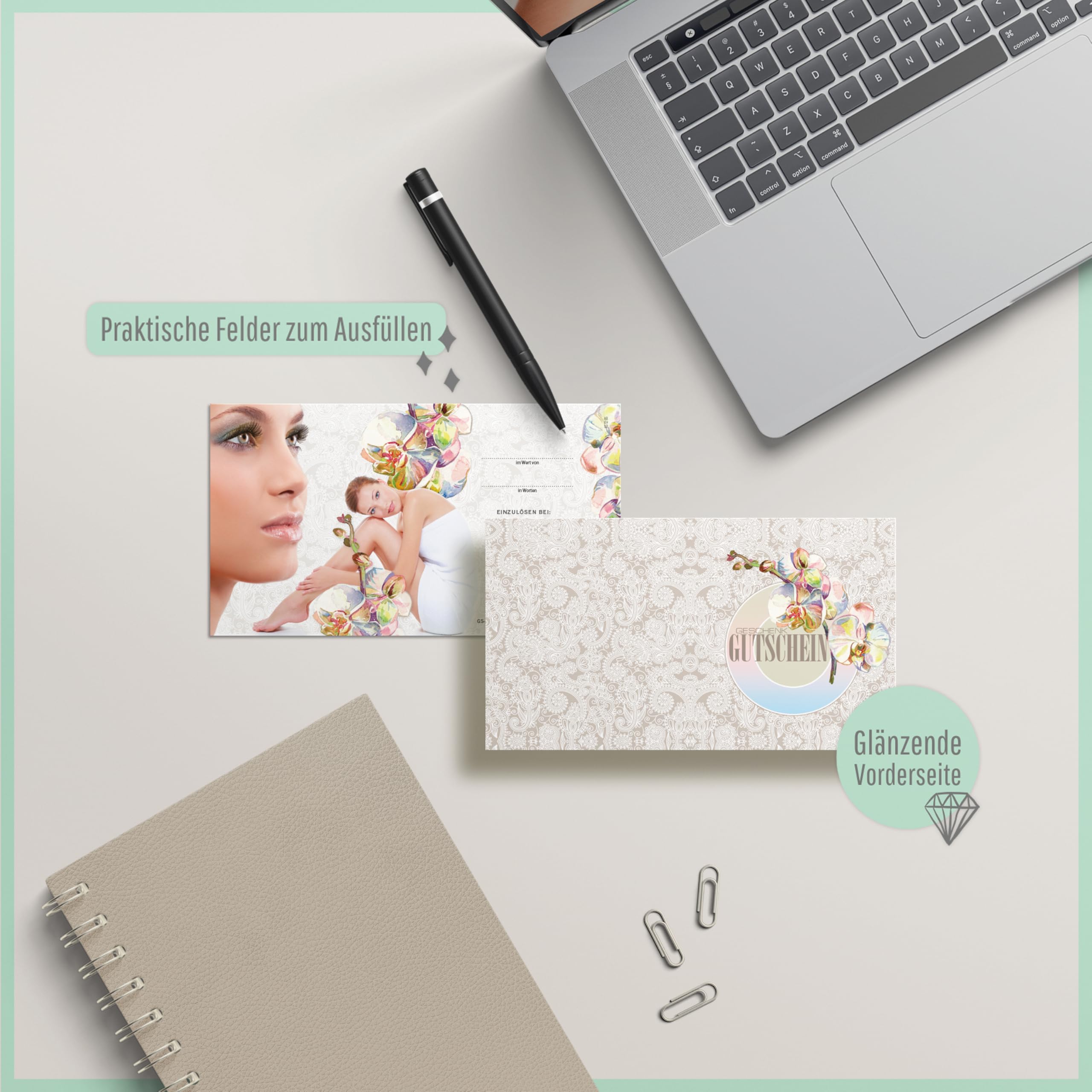 GESCHENKGUTSCHEINcom - 50 Gutscheine mit Umschlag/Schleife für Kosmetikinstitut Kosmetik Wellness - Geschenkgutschein-Vordruck blanko KS1265-2-50