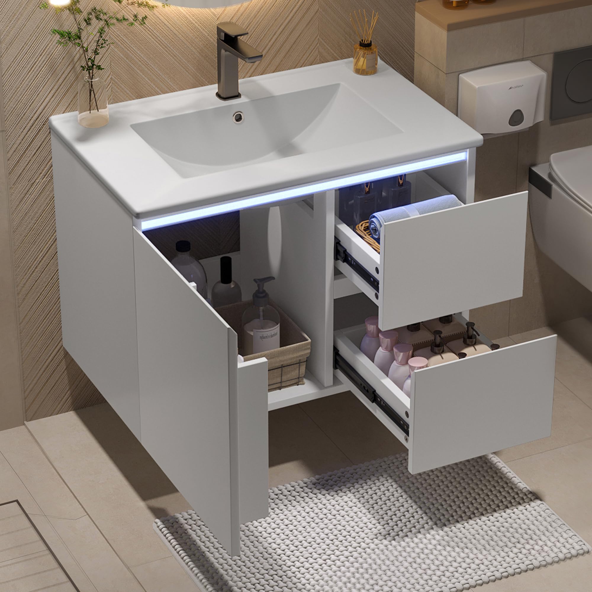 76 x 46 x 50 cm. Mueble de baño de pared, totalmente lacado, iluminación con sensor de radar LED, lavabo, dos cajones, lavabo integrado, blanco (76 x 46 x 50 cm)