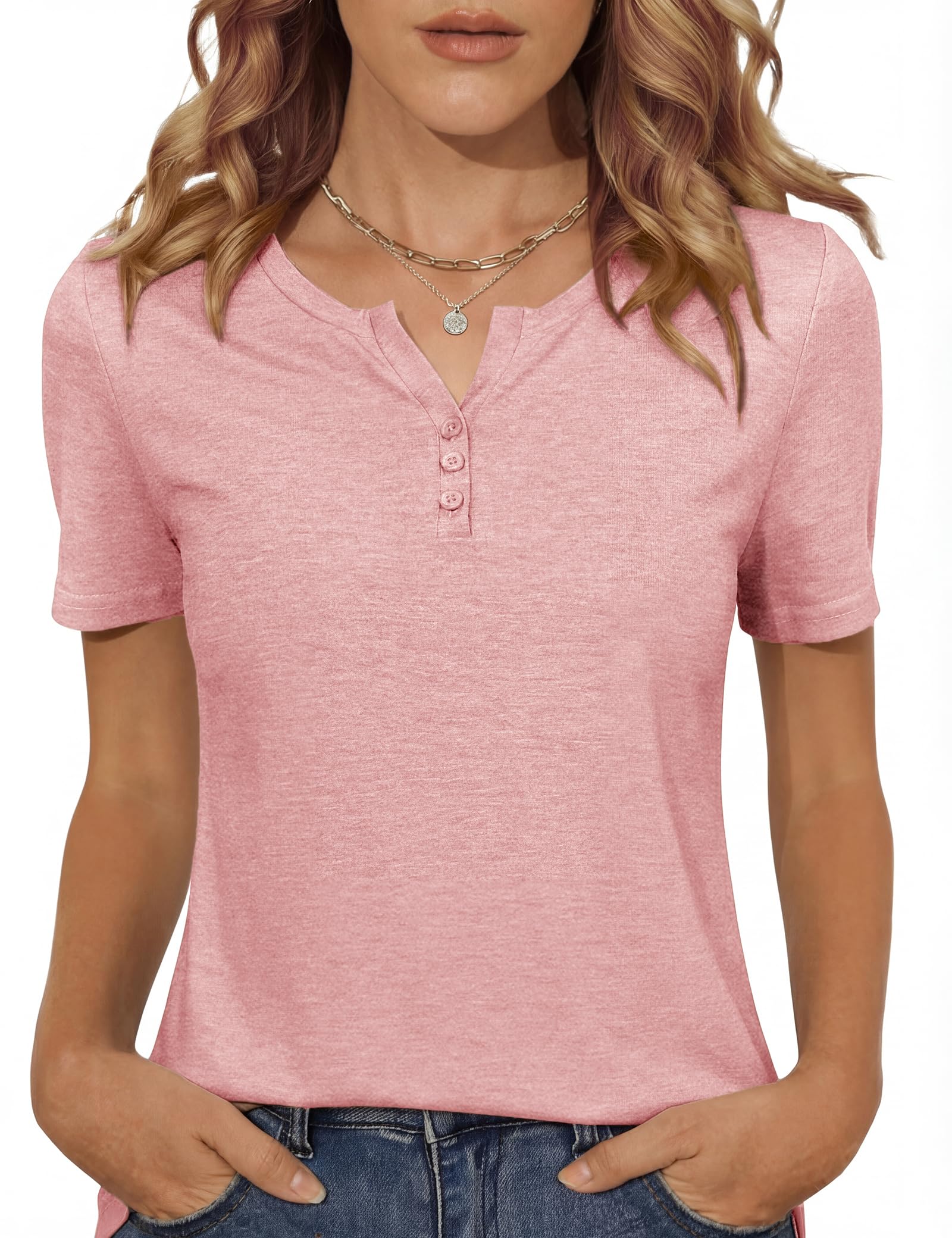 Totatuit Damen T-Shirt Kurzarm Sommer Henley mit Knopfleiste Basic Shirt V-Ausschnitt Einfarbig Oberteil Casual