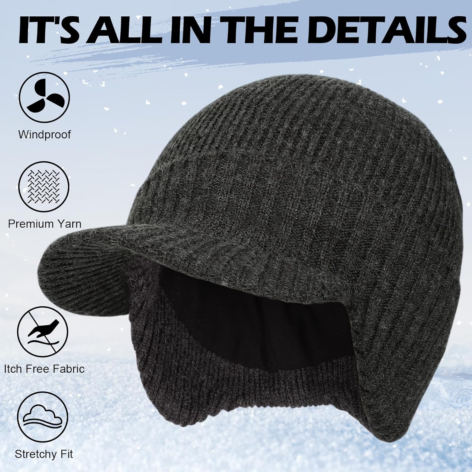 M/L/XL/XXL Waterproof Merino Wool Brim Beanie for Men with Ear Flap, Outdoor Warm Fleece Lined Knit Winter Hat for Big Heads - Image 7