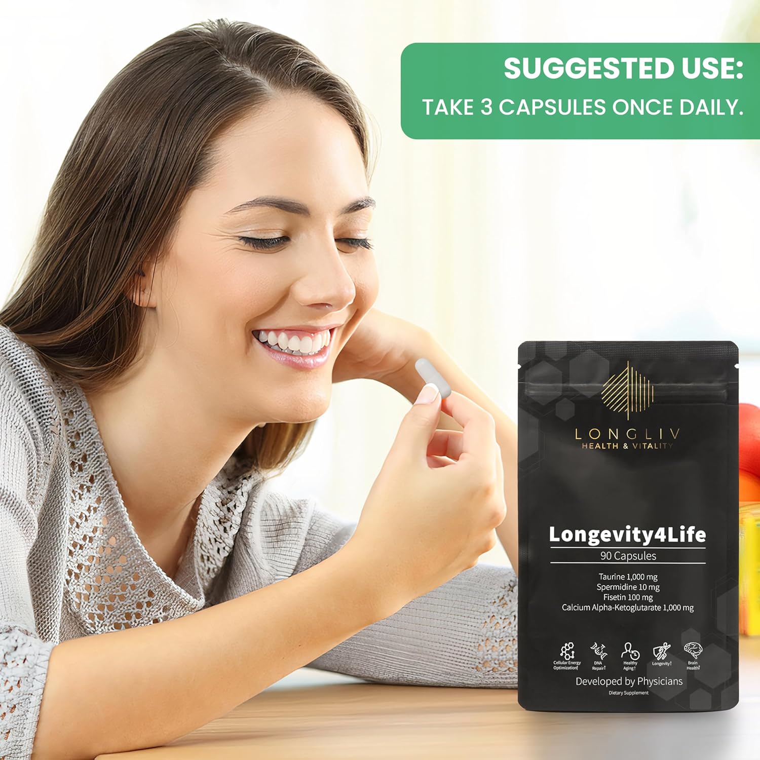 Longevity4Life - Ultimate Cellular Health Supplement - Fisetin, Taurine, Calcium Alpha-Ketoglutarate, and Spermidine Capsules for Longevity and Vitality - Made in USA - Physician Formulated