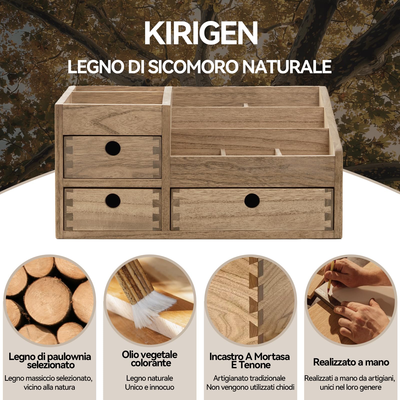 KIRIGEN mobile porta trucchi in legno da tavolo organizzatore di cosmetici organizzatore di gioielli scatola porta trucchi a 8 scomparti con 3 cassetti giallo-marrone