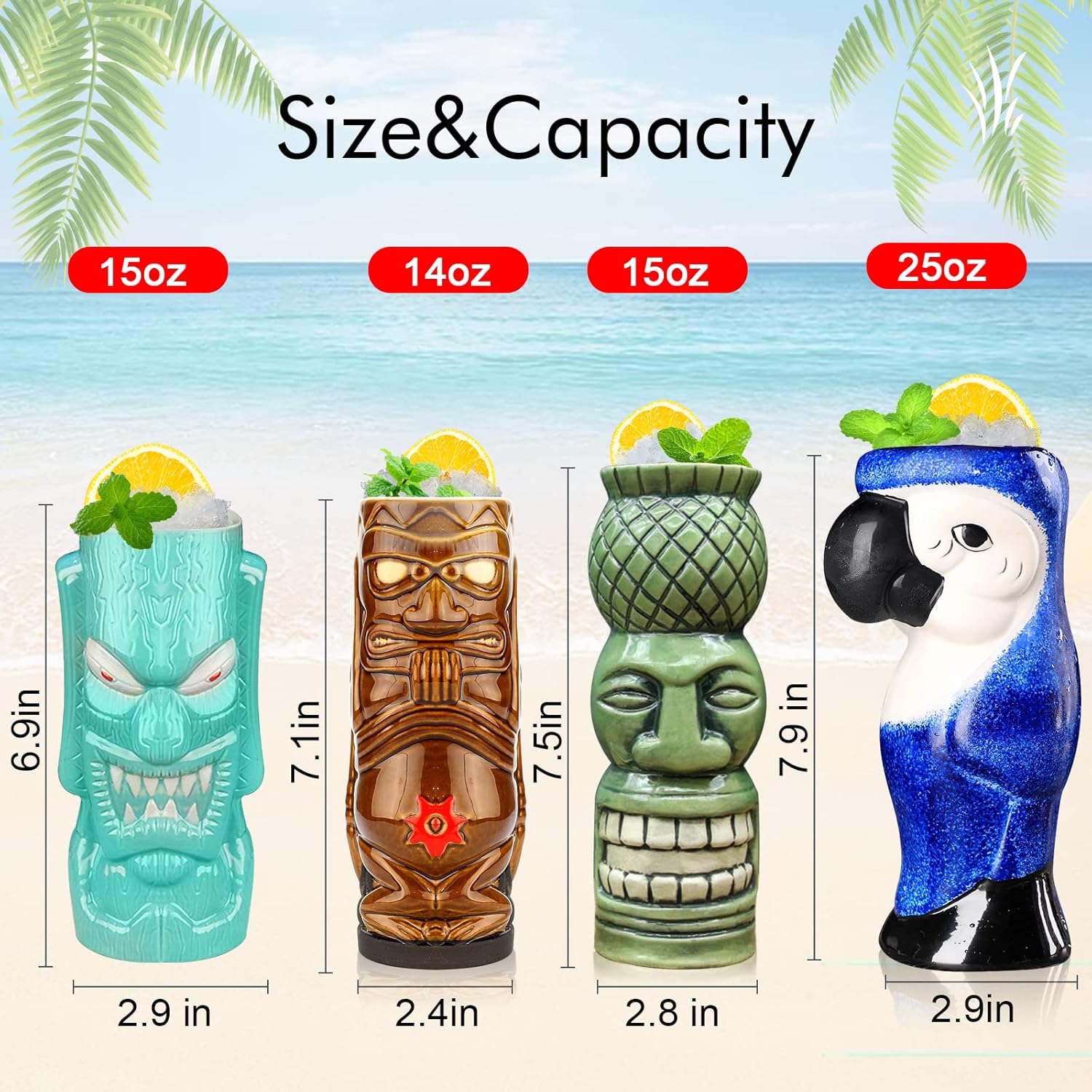 SuproBarware Tiki Mugs Set of 4 - Large Ceramic Hawaiian Party Mugs Drinkware Cocktails Premium Tropical Cups cute exotic cocktail glasses-TJB08 (4)