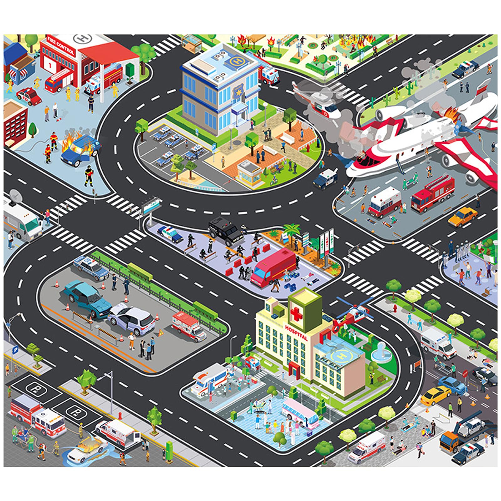 Kids Carpet Playmat Rug, Felt Cloth Fire-Themed Game Playmat Foldable Non Slip Kids Rug for Playroom, Kids Play Mat City Map for Kids Room Bedroom Nursery Room, 70×80CM