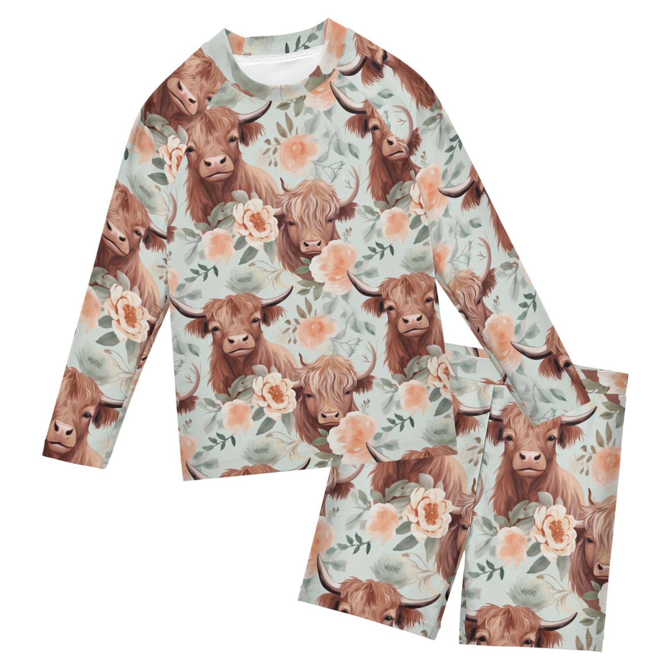 Highland Cow Flowers Boys Rash Guard Swimsuits Set for Boys Long Sleeve Swim Shirts Bathing Suits B0403270