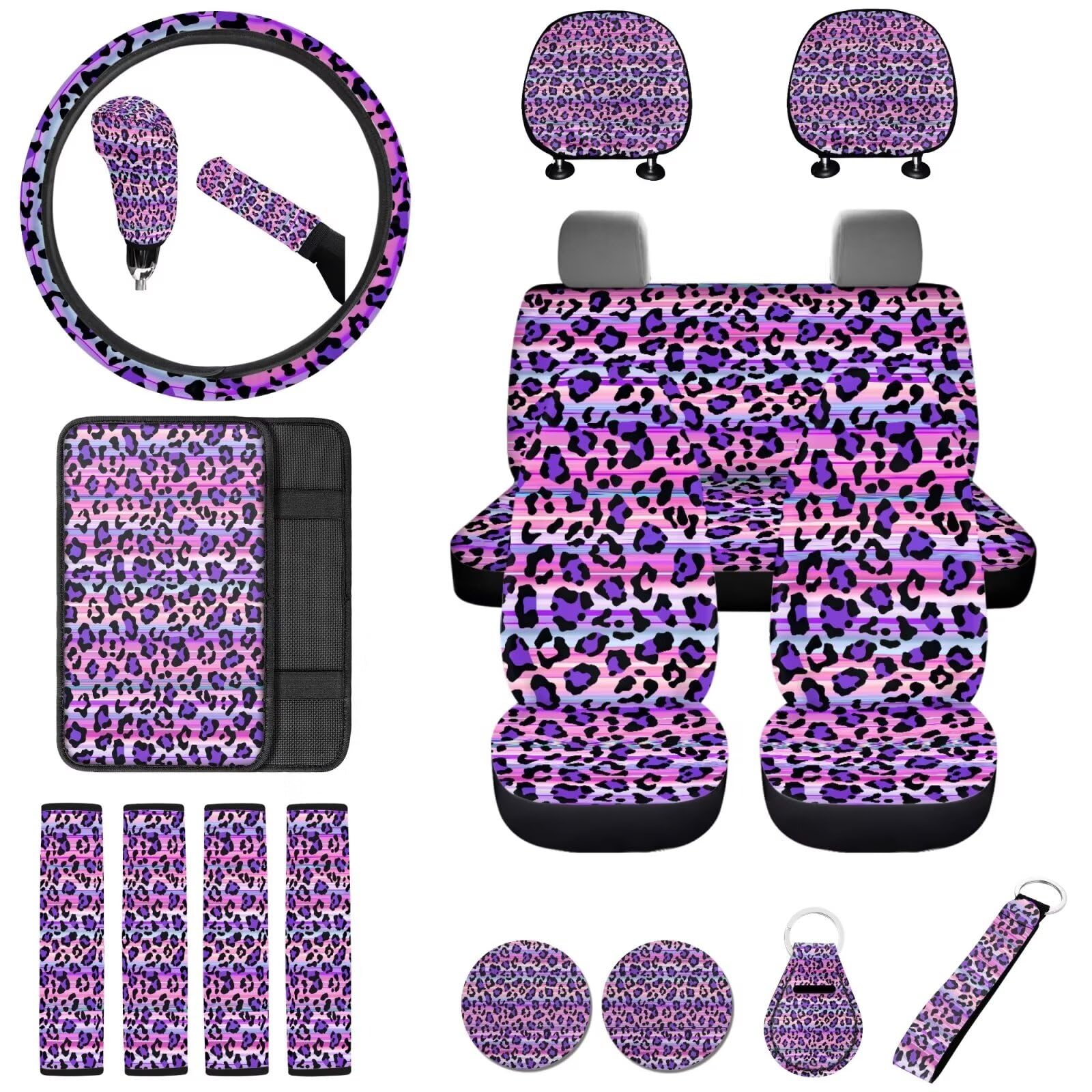 Finagallathe 18 Pcs Purple Leopar Print Car Seat Cover SUV Full Set Cheetah Print Steering Wheel Cover+Center Console Pad+Armrest Cover+Seat Safety