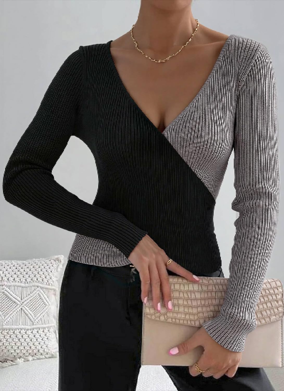 XNC Womens Wrap V-Neck Sweaters 2025 Fall Winter Sexy Criss Cross Knit Pullover Tops Long Sleeve Slim Fit Color Block Sweater - Image 2