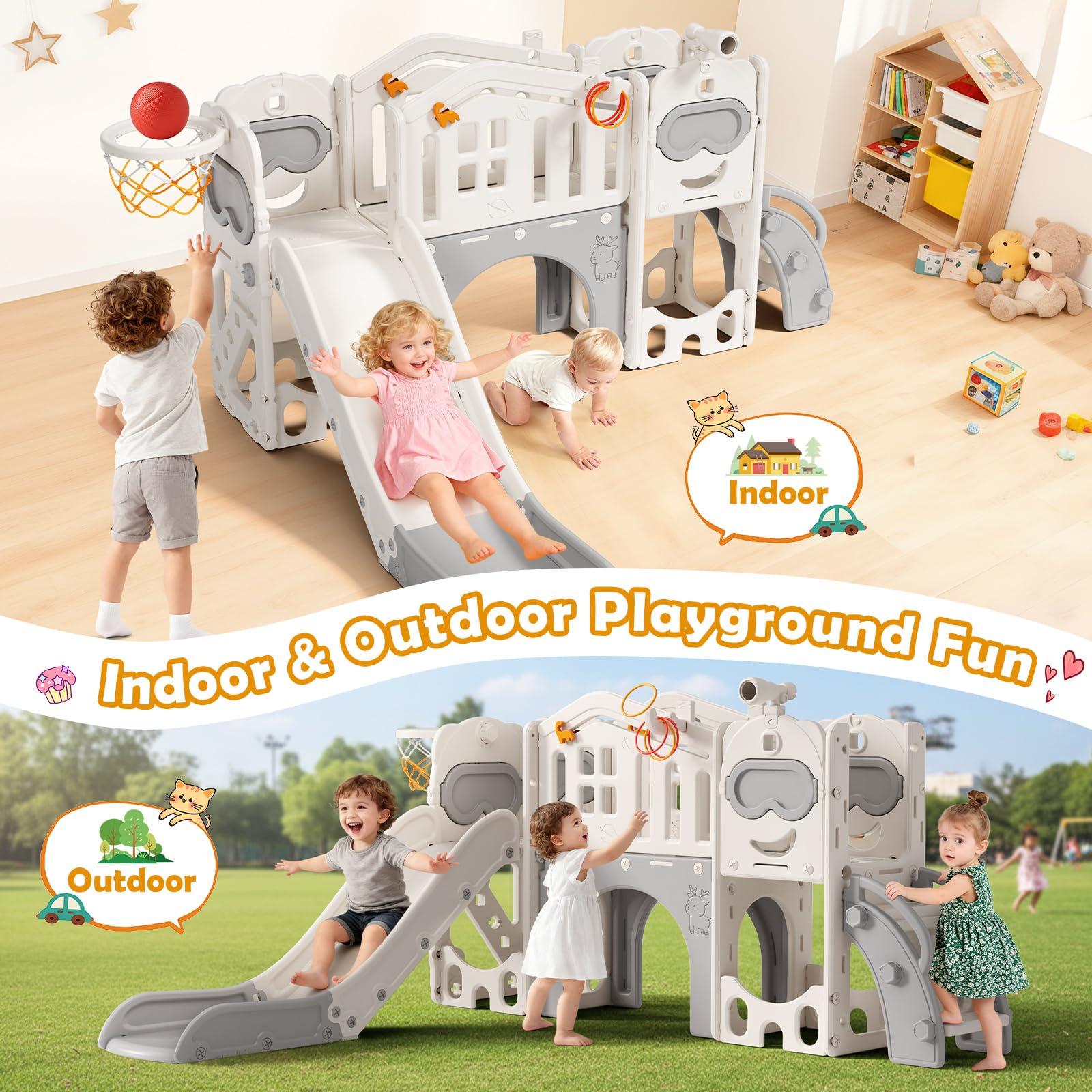 Lischwert 10-in-1 Bärenhaus Kinderrutsche 145cm, EN71 bis 50kg, Spielplatz mit Tunnel Basketballkorb Fernglas Wurfspiel, Indoor Outdoor Spielset ab 1 Jahr, Beige-Grau