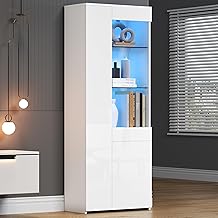 Merax Glass Display Cabinet with LED Light, High Gloss White with 2 Cabinets, Glass Base, Drawers, Collector's Display Cabinet, Bookcase, Standing Display Cabinet for Living Room, Office, 180 cm