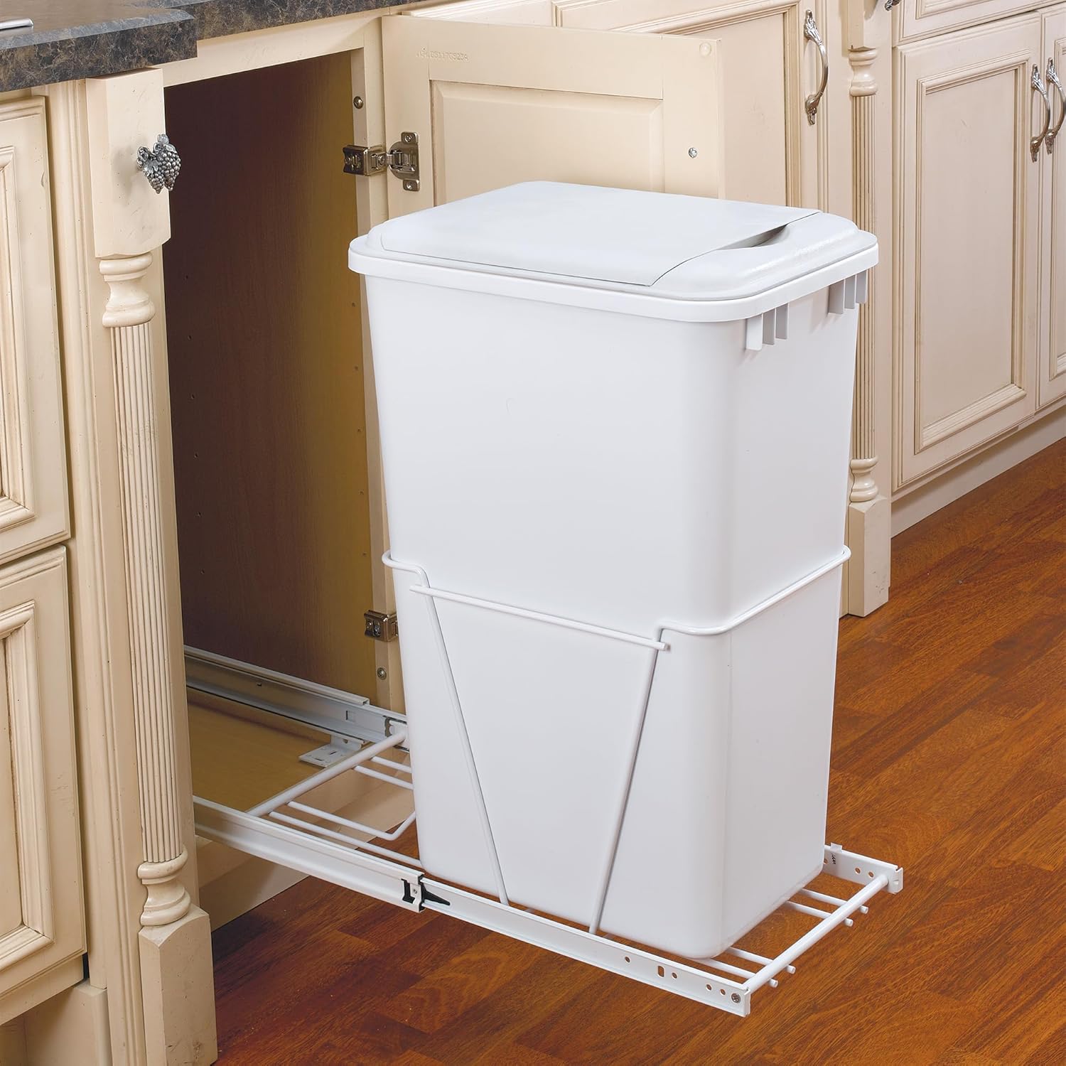 Rev-A-Shelf Single Pull Out Under Sink 50 Qt Trash Can for Base Kitchen/Bathroom Cabinets w/Lid, Slides, and Simple Installation, White, RV-12PB-50 S