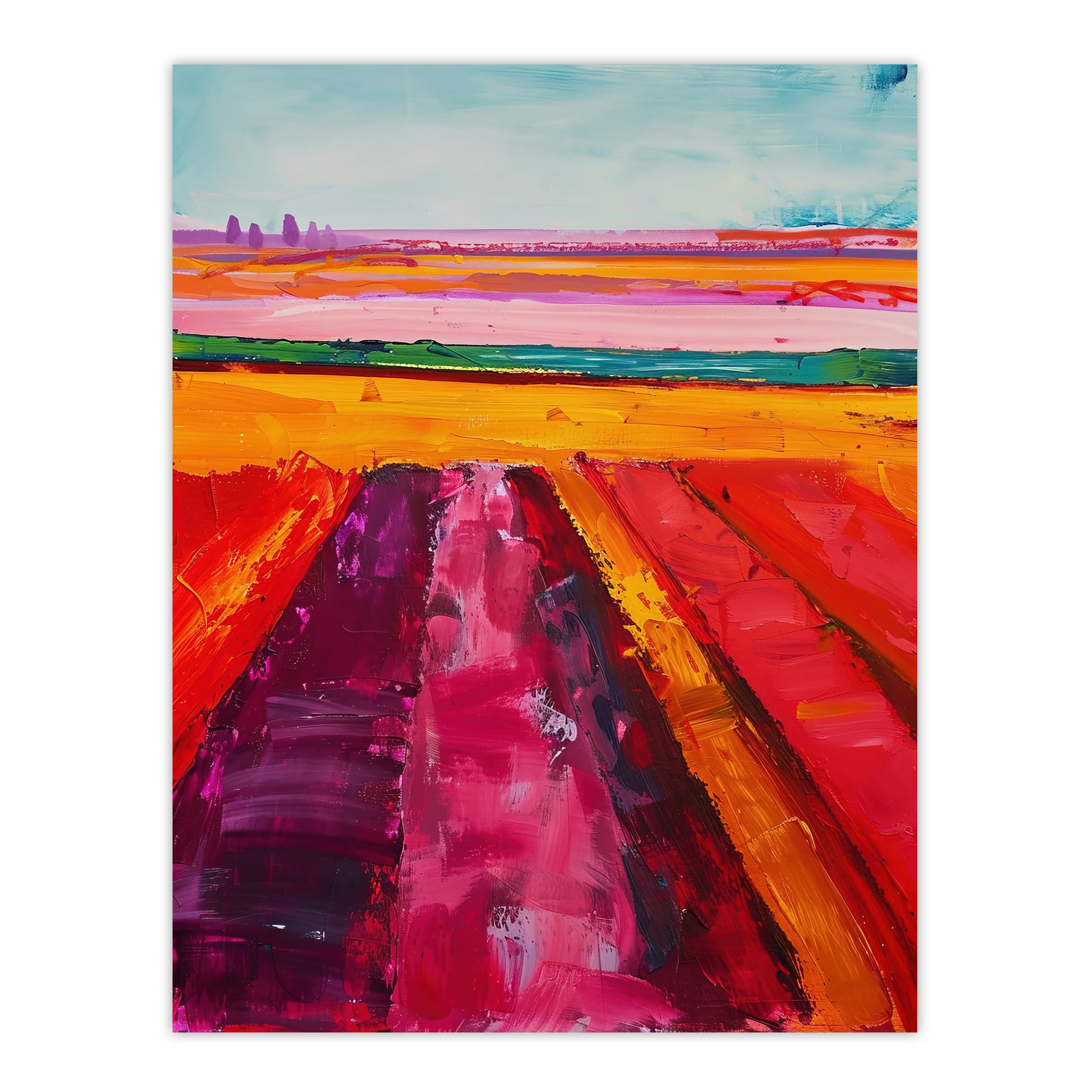 Artery8 Abstract Red Tulip Fields Wall Art Print - W12" x H16" - Orange