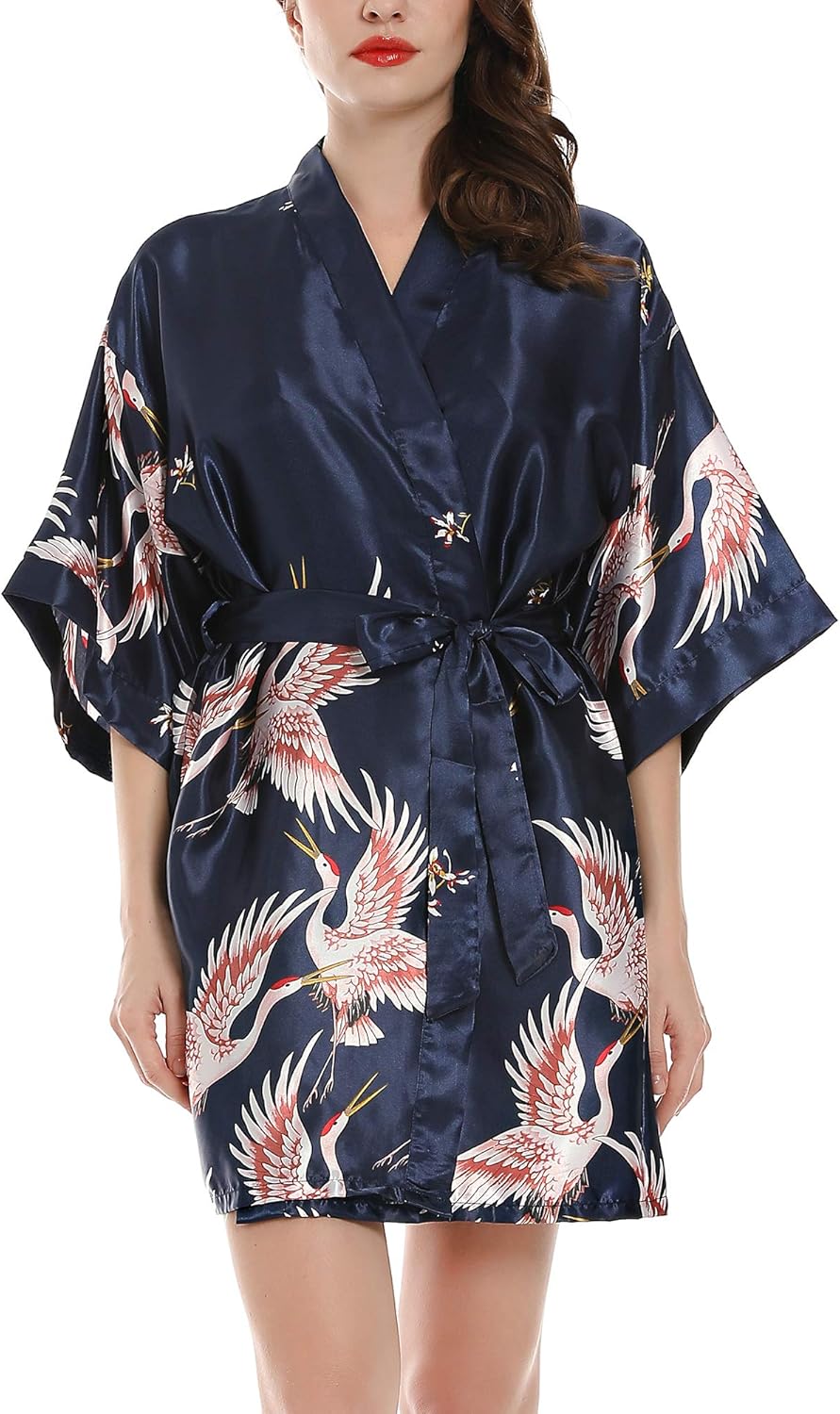 Women Kimono Robes Satin Dressing Gown Crane and Blossoms Sleep Lounge Nightwear Short Silk Bride Bridesmaid Robe