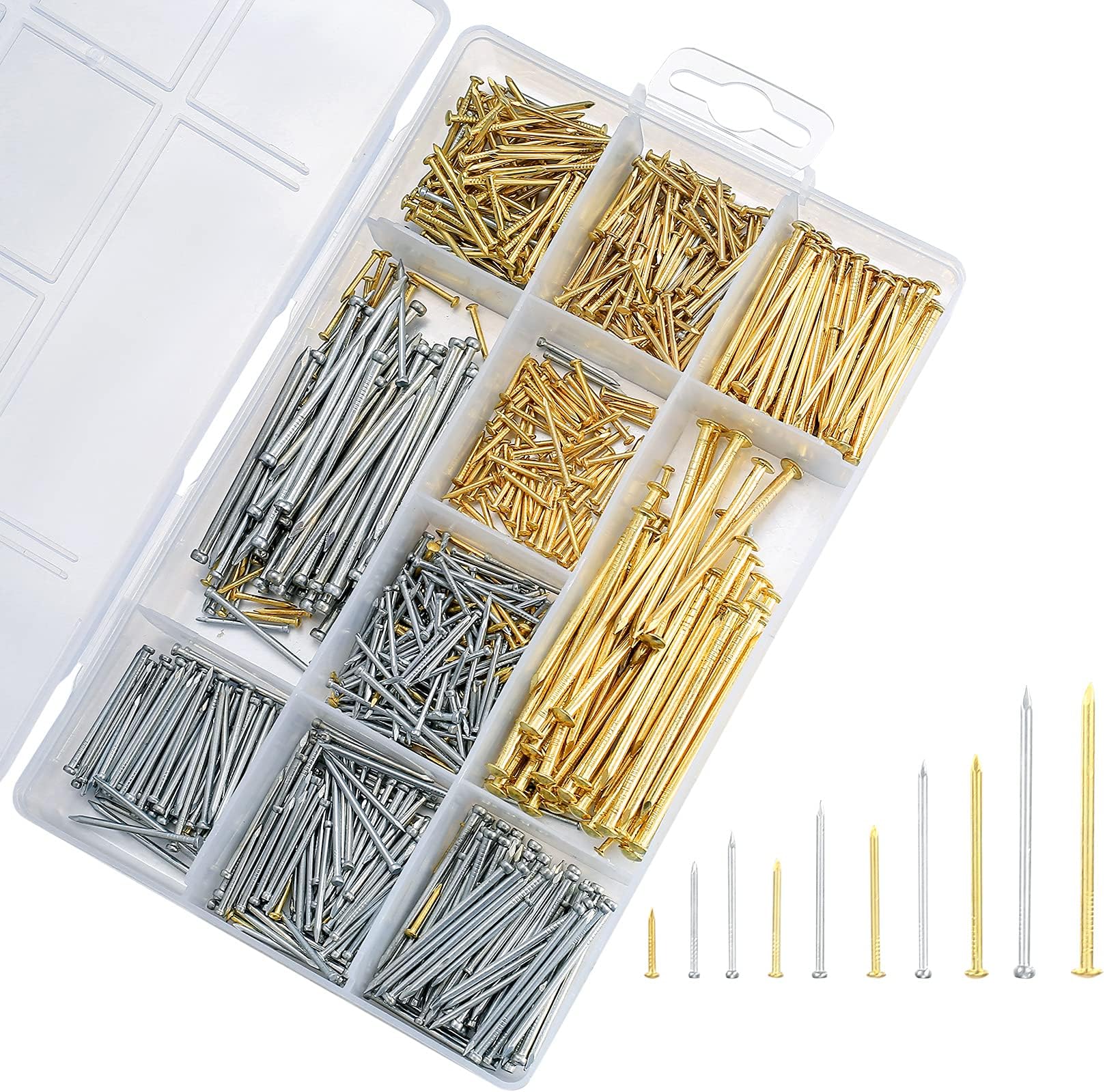 Assorted Nails and Pins Set, Wall Wood Panel Pins Tacks Nails, Home Furniture Nails, Hardware Masonry Pins for Picture, Woodworking, Assortment Nails, with Storage Carry Case- 1000 Pcs