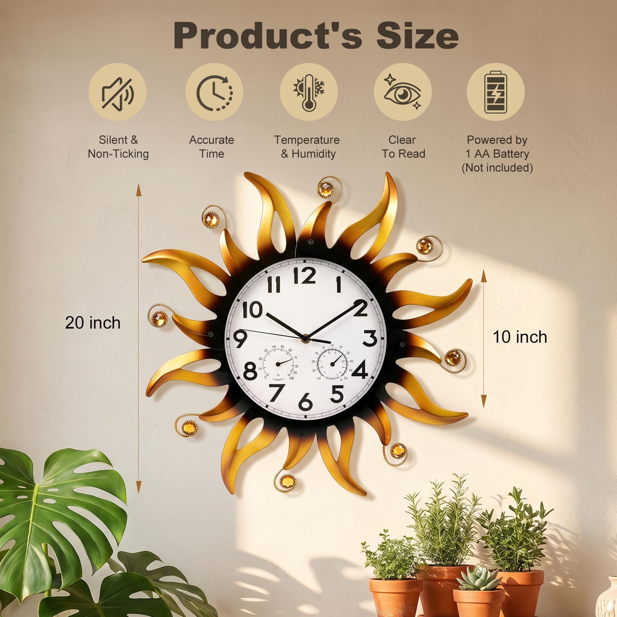 Reloj de pared para exteriores con termómetro e higrómetro, 20 pulgadas, impermeable, silencioso, sin tictac, decoración grande para dormitorio, baño y piscina