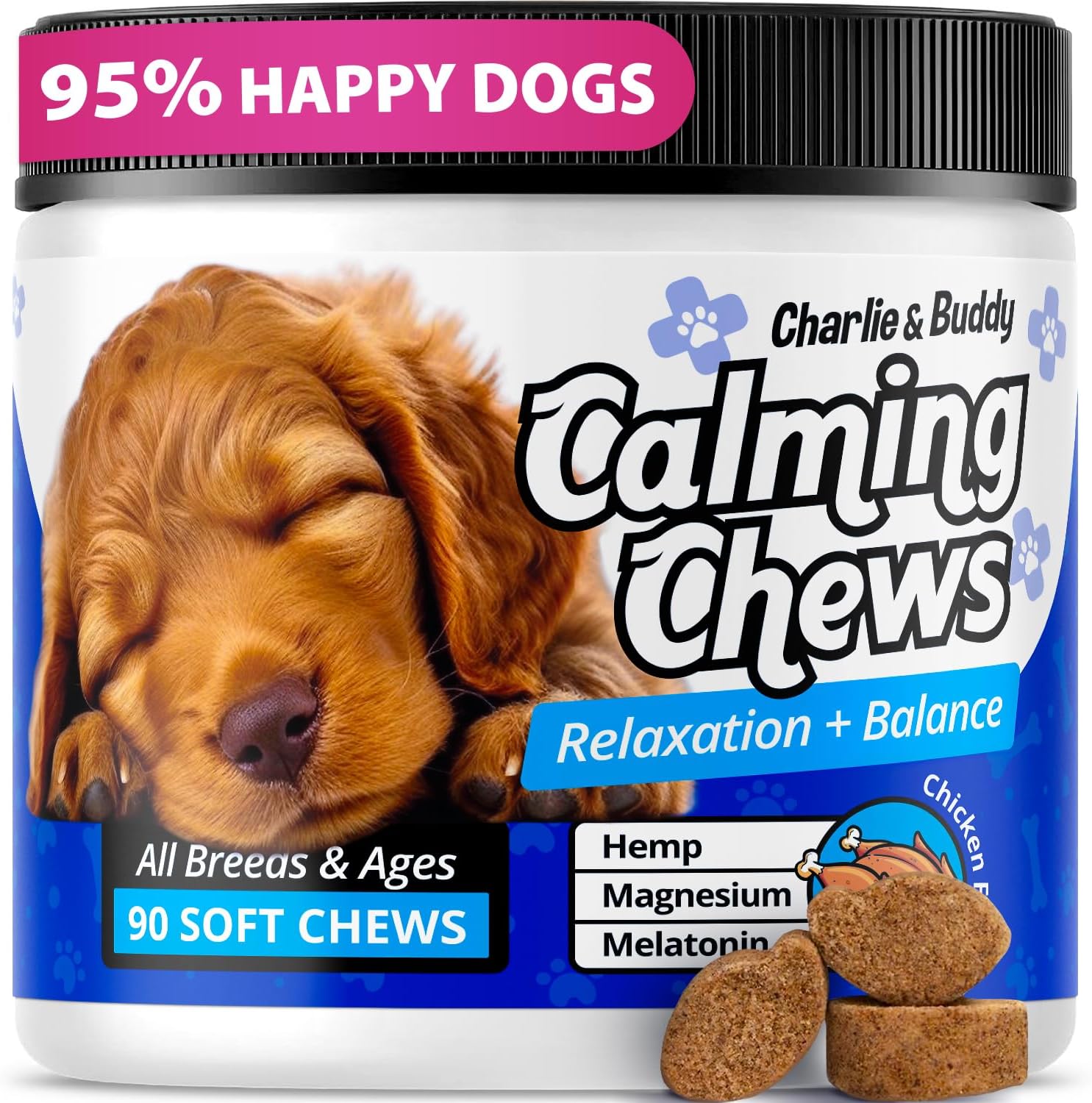Calming Chews for Dogs with Melatonin & Chamomile – 90 Chicken Soft Chews