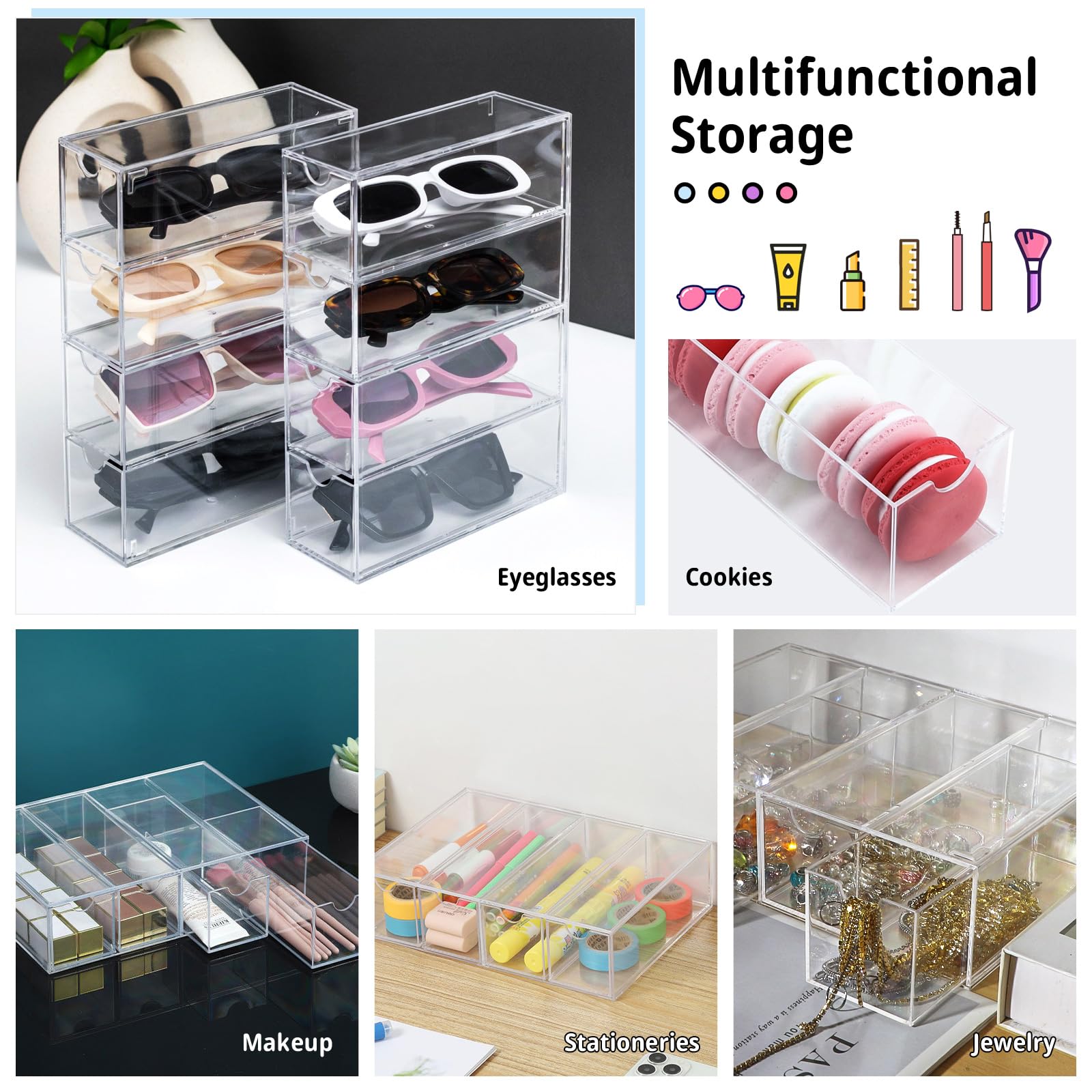 Organizzatore di Occhiali da Sole Eyeglasses Organiser Display Case Portaocchiali in Acrilico Trasparente Case 2 Pezzo con 8 Cassetti per Orologi, Collane, Occhiali e Cosmetici