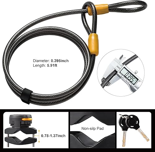 Miniatura 5 de Cerrojo en U con cable para bicicleta – Via Velo cerrojo en U resistente para bicicleta, grillete de 0,59 pulg. x cable de 5,90 pies con soporte