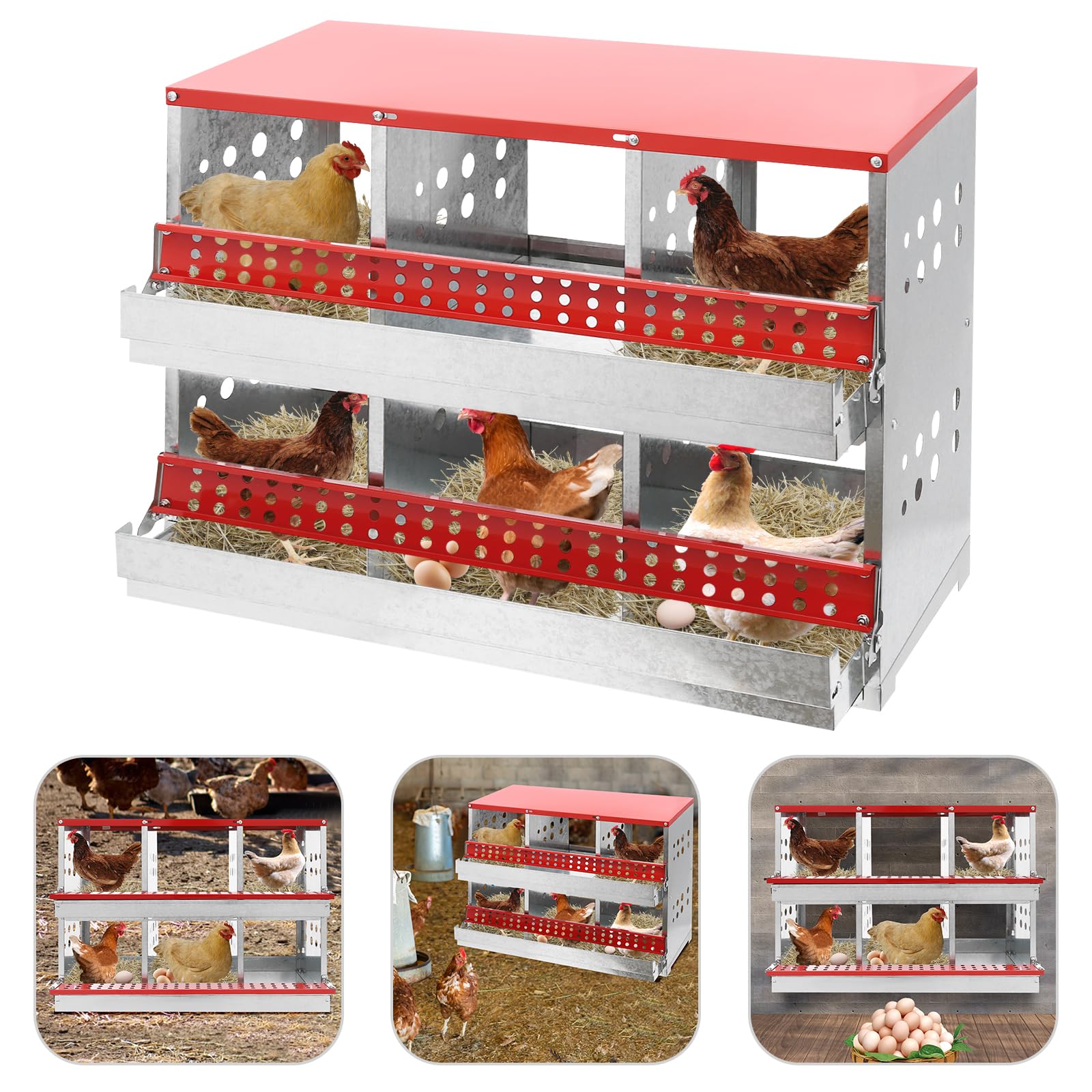 Nido para pollos, 6 compartimentos, nido para pollos, con bandeja de recogida y rejilla de ventilación, nido de pollo para montaje en pared, fácil limpieza para diferentes razas de pollos