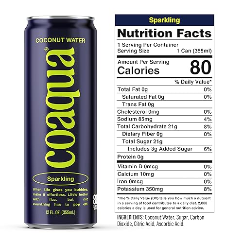 Miniatura 2 de Coaqua Agua de coco con gas, paquete de 12, electrolitos naturales para hidratación, bebida refrescante con electrolitos gaseosos, agua de coco pura