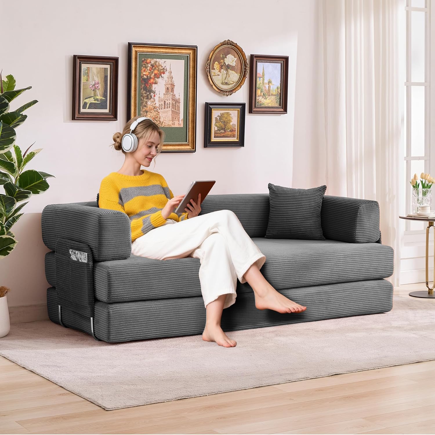 Convertible Sleeper Sofa Bed, 78.8" Floor Sofa Bed, 5-in-1 Folding Mattress Couch Loveseat with Fixed-Shape Frame, Pillow, Corduroy Fabric for Living Room Bedroom Lounge (Gray)
