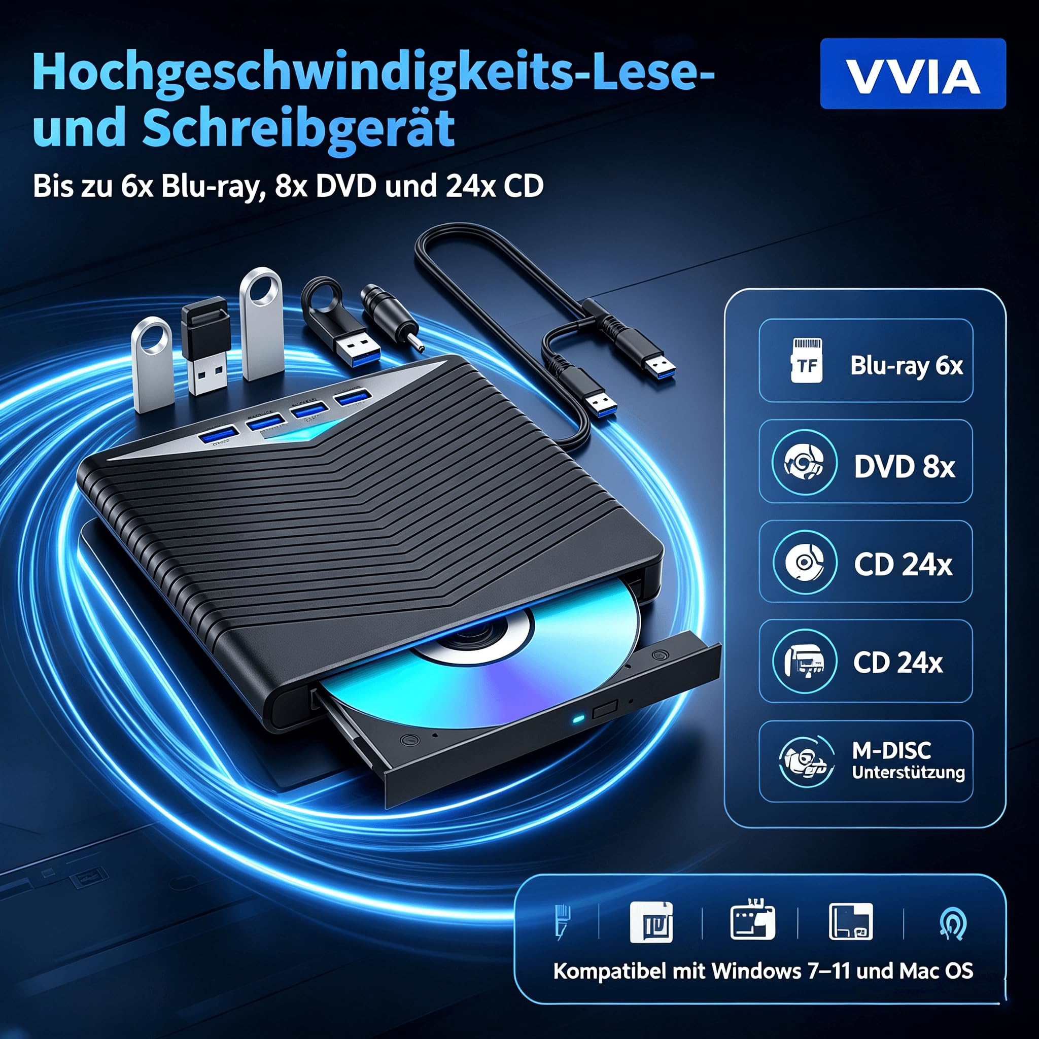vvia Zewnętrzny napęd Blu-ray USB 3.0 i typ C do systemu Windows/Mac