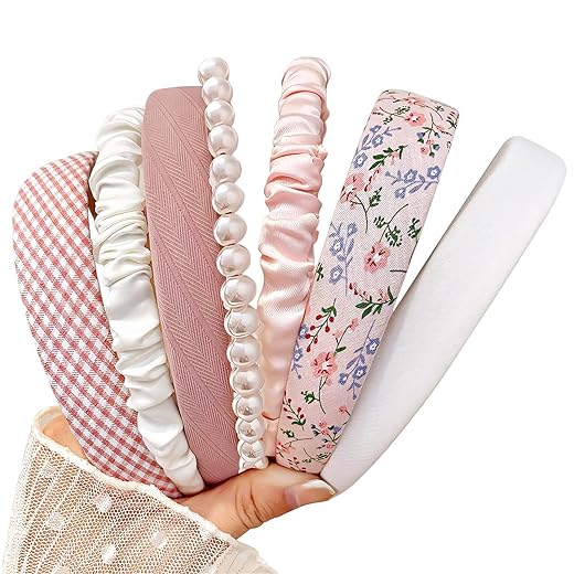 Headbands for Women Girls, 7pc Set - Non Slip Floral Padded Headbands Cute Pearl Headband for Girls Vintage Wide Headband