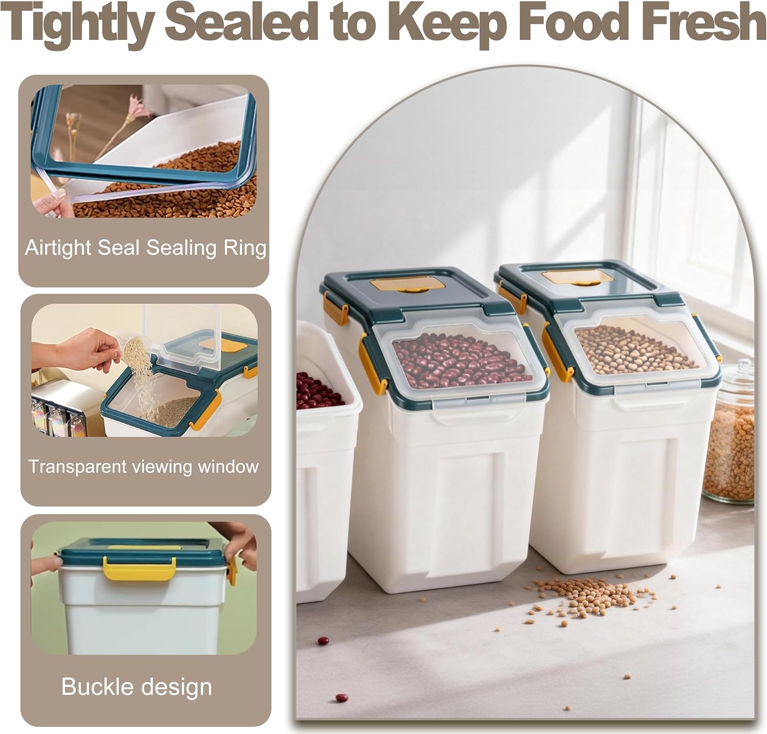 RUIAN Large Airtight Storage Container,25lb Flour Rice Storage Containers Bin with Wheels Seal Locking Lid, with Measuring Cup&Scoop for Flour, Rice, Grain(4PCS,Blue)