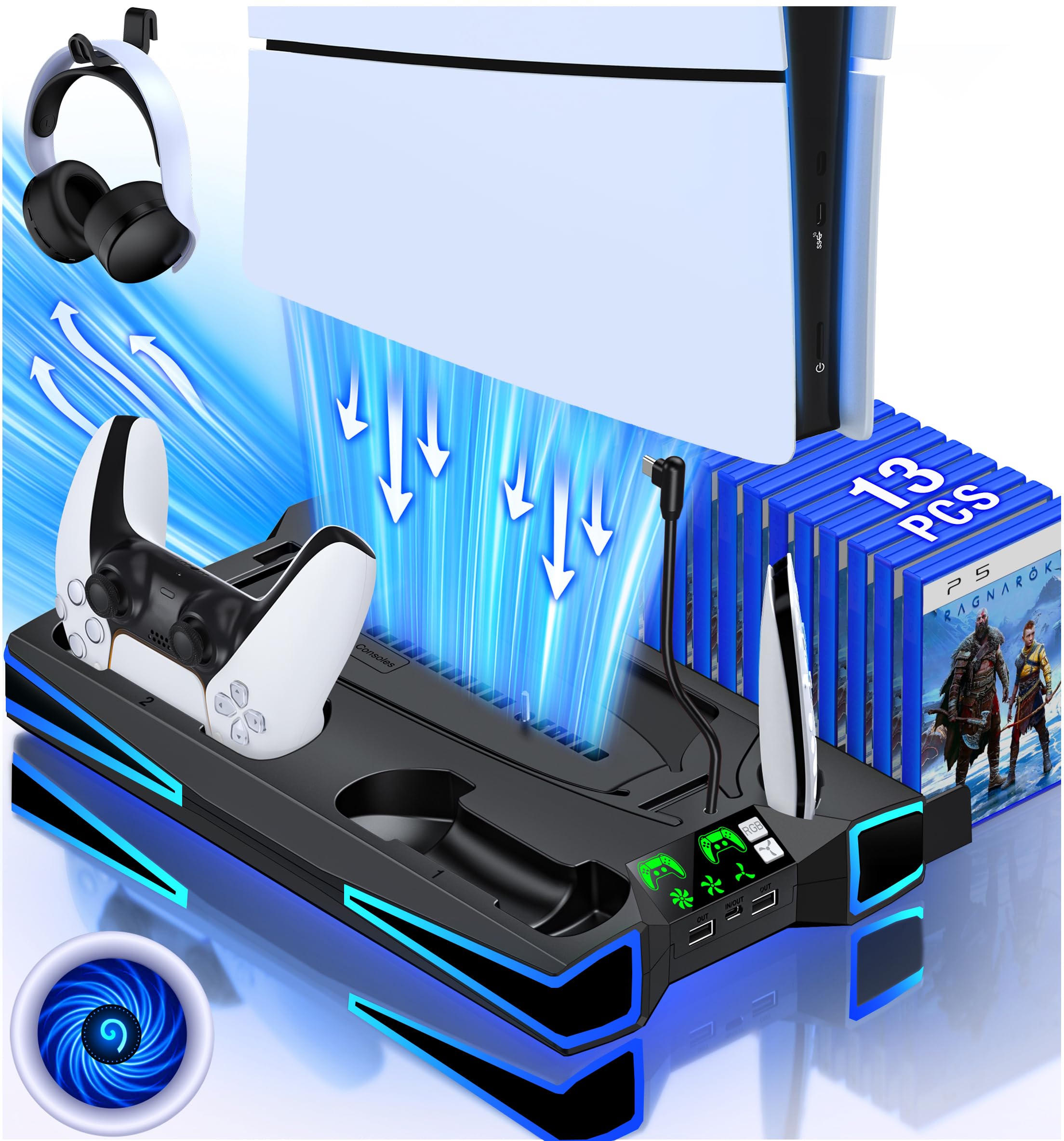 Supporto PS5 con ventola regolabile automaticamente a 3 livelli per controller PS5, stazione di ricarica/gancio per cuffie, PS5 Slim Base accessori con effetti di luce RGB per PS5 Slim Disc & console