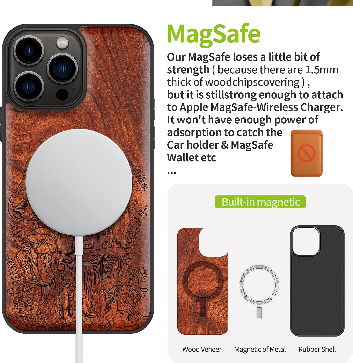 Carveit Magnetic Wood Case for iPhone 13 Pro Max [Natural Wood & Black Soft TPU] Unique & Classy Wooden Shockproof Protective Cover Compatible with magsafe (Mushrooms -Rosy)